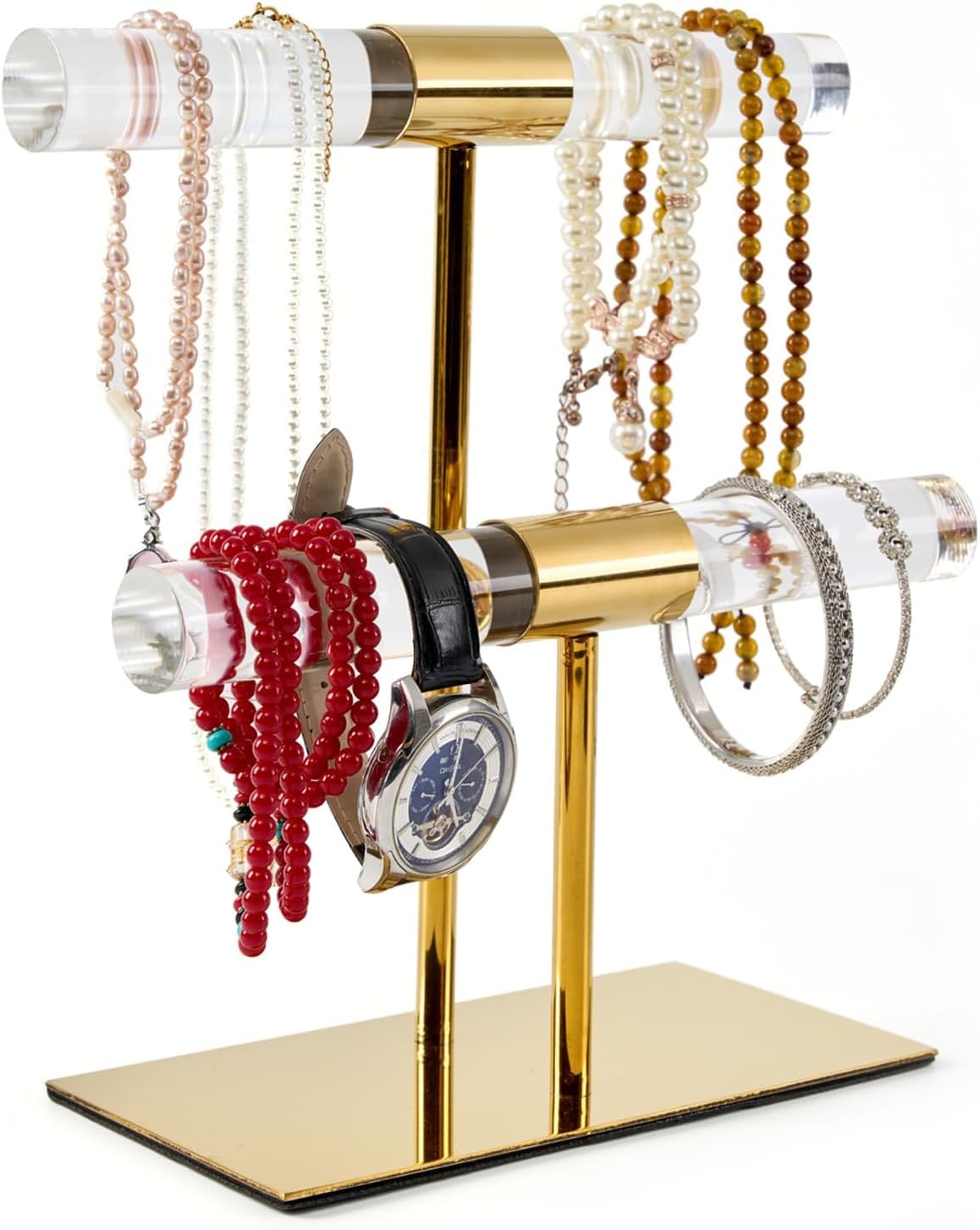 Display Stand Acrylic Jewelry Towers - Stainless Steel Long Necklaces Stand 2-Tier Crystal Tabletop Jewelry Organizer Home Decor for Store Boutique Vendors