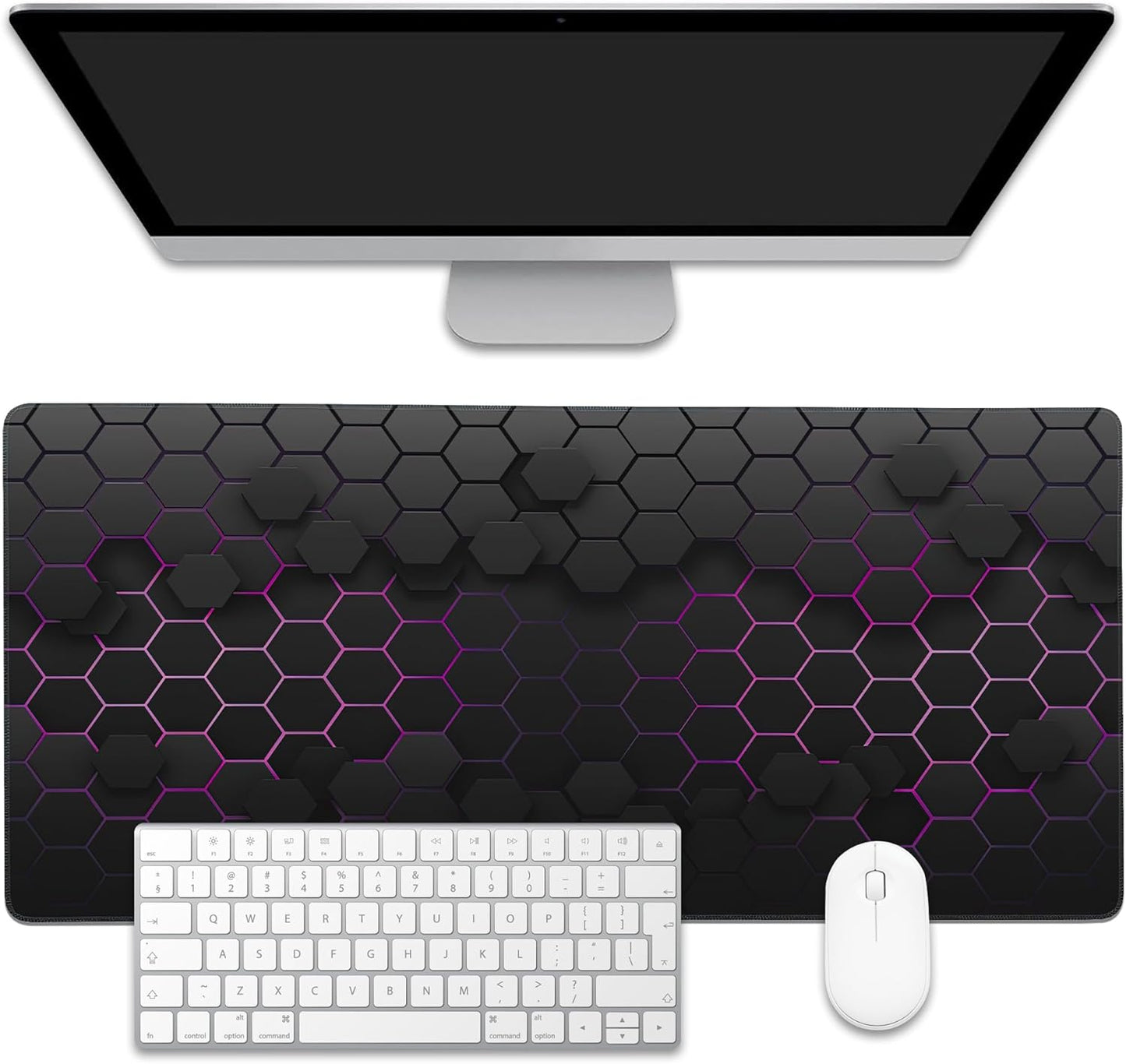 Grid with Purple Light Large Gaming Mouse Pad,Waterproof Desk Mat for Desktop,Non-Slip Rubber Base Mousepad with Stitched Edges for Laptop Office and Home 35.4X15.7 Inch