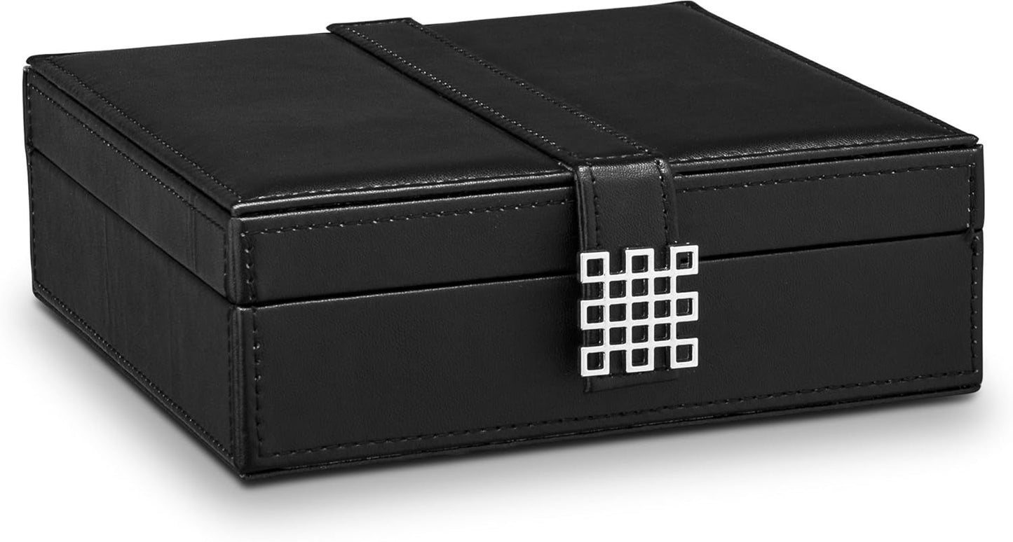 Glenor Co Ring Box Organizer - 54 Slot Classic Jewelry Display Case Holder - Storage Tray with Modern Buckle Closure, Large Mirror - for Rings and Cufflinks - Small for Travel - PU leather - Black