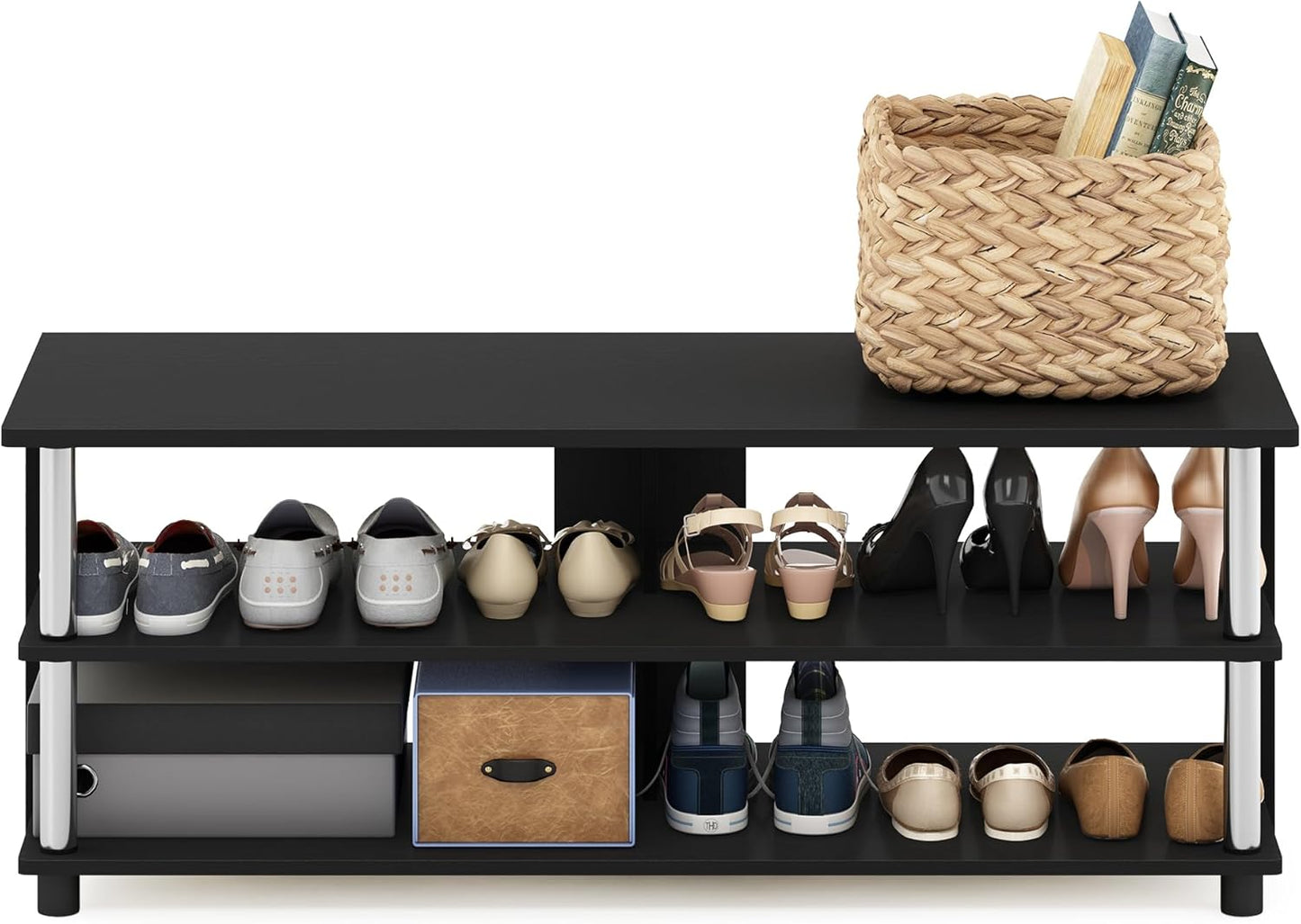 Furinno Turn-N-Tube Shoe Rack, 3-Tier Shoe Organizer, Compact Shoe Storage with Open Shelves and Stainless Steel Tubes, 15.5 x 41.1 x 15.8, for Closet Entryway, Office, Garage, Americano
