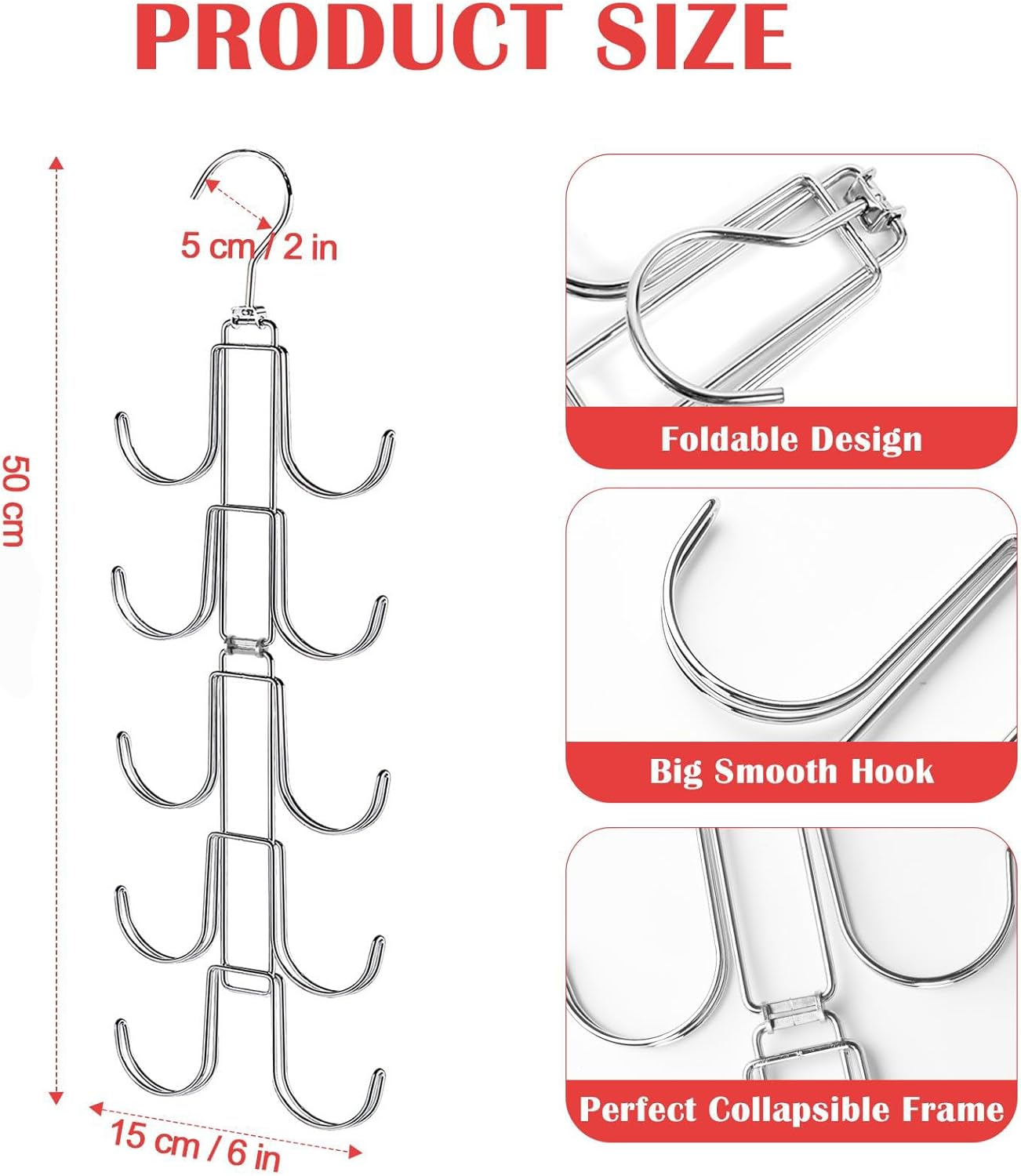 Collapsible Tie Rack Belt Organizer for Closet, Upgraded Dual-Use Belt Tie Hanger with 10 Large Hooks, Storage Up to 80 Items, Rotatable Space Saving Hanger for Closet Organizers and Storage