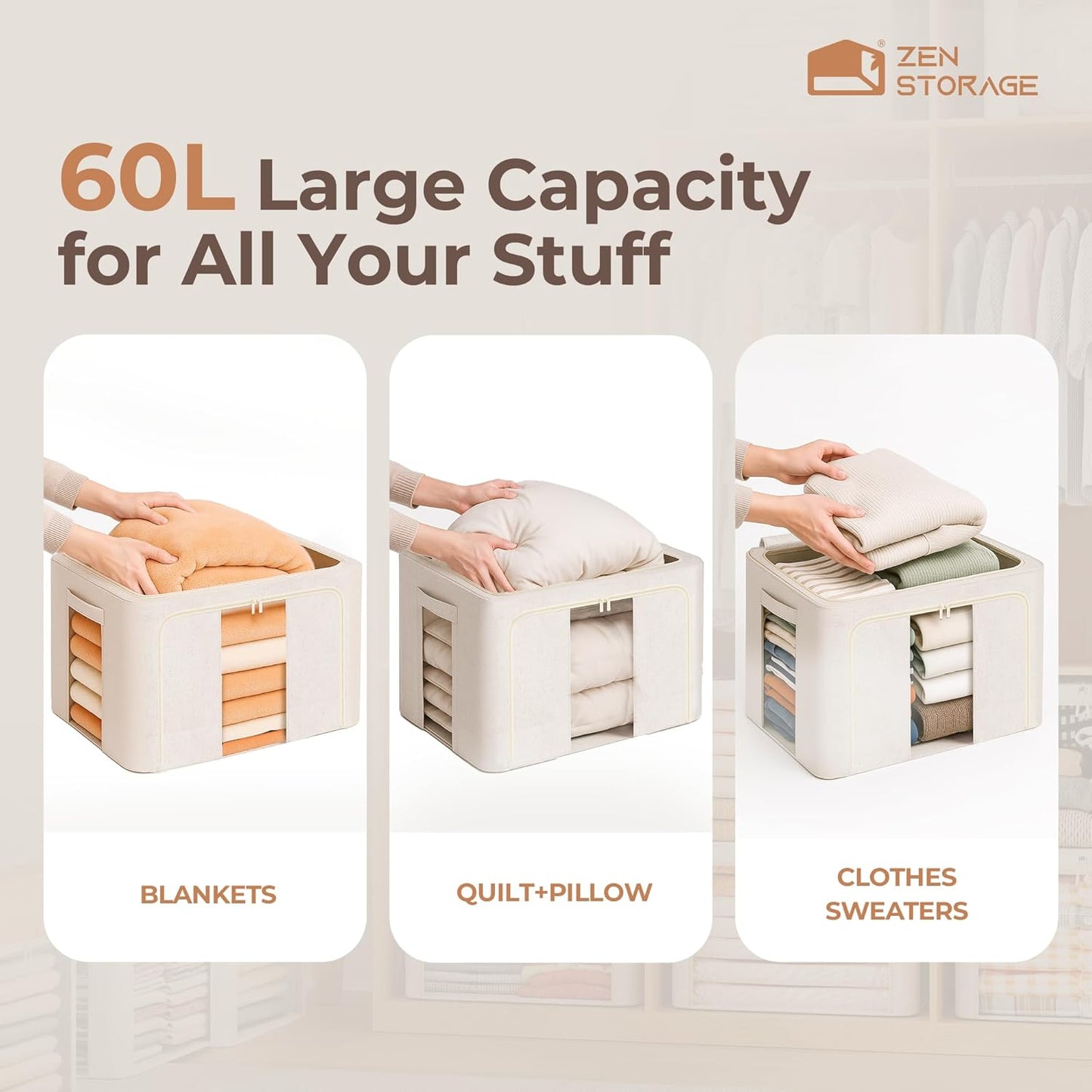 6Pack 60L Large Cloth Storage Bins with Metal Frame, Linen Storage Box with Clear Window, Stackable Sweater Storage for Closet, Clothes Storage Containers for Comforters, Blankets, Quilts, T-shirt