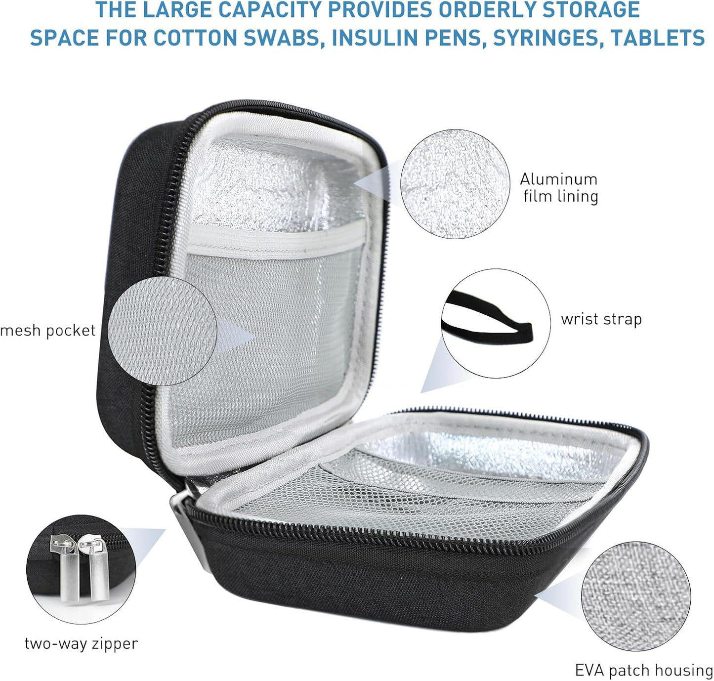 Insulin Cooler Travel Case,EVA Insulation Travel Medicine Kit with Temperature Display for Diabetes Care,Insulin Pen and Other Diabetic Supplies (Black-Temp)