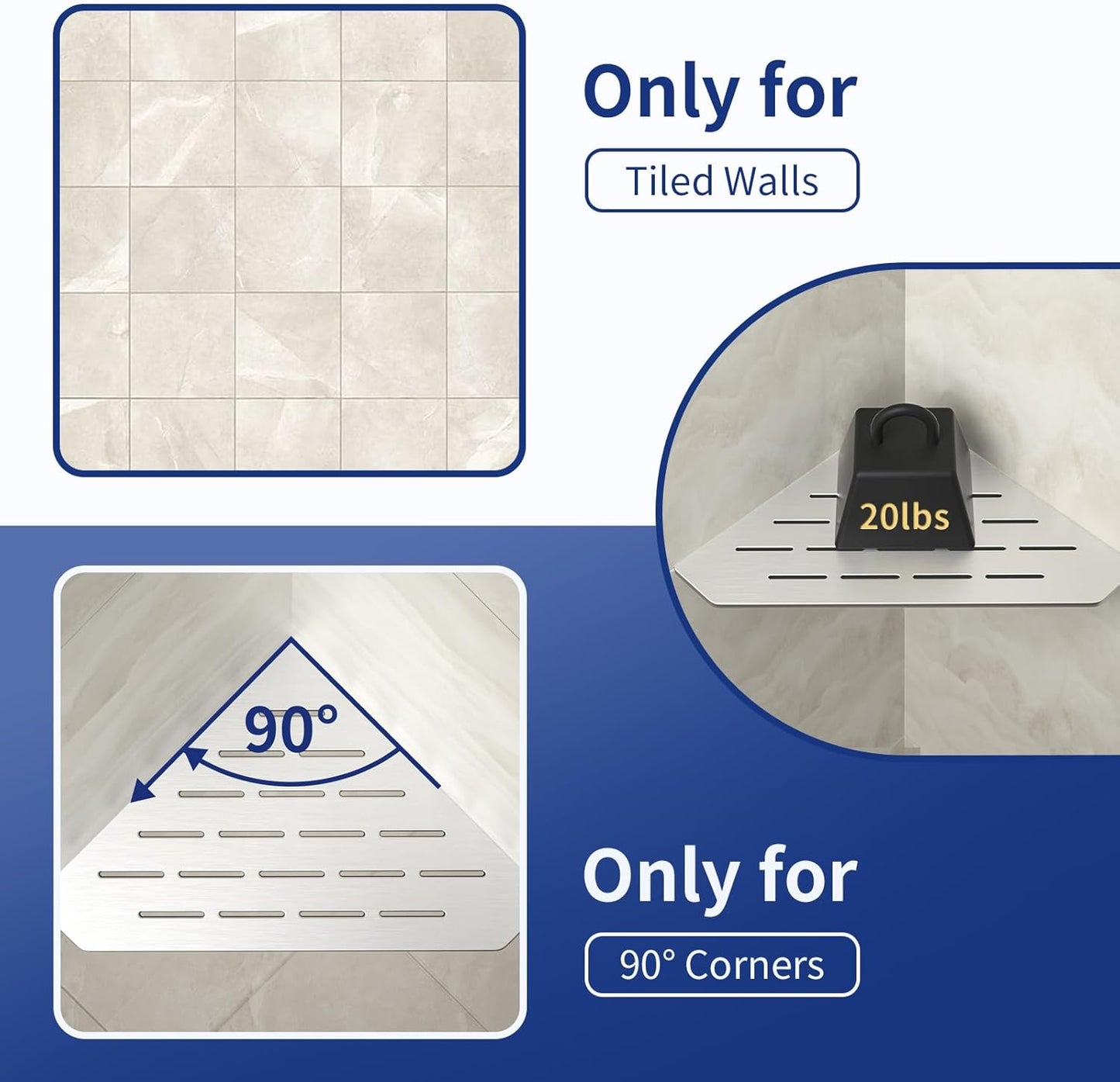 Corner Shower Shelf 10" Brushed 304 Stainless Steel Pentagonal Heavy Duty Floating Corner Sheves Slot Design Recessed Bathroom Shelf for Tiled Wall 2 Pack, No Drilling Needed