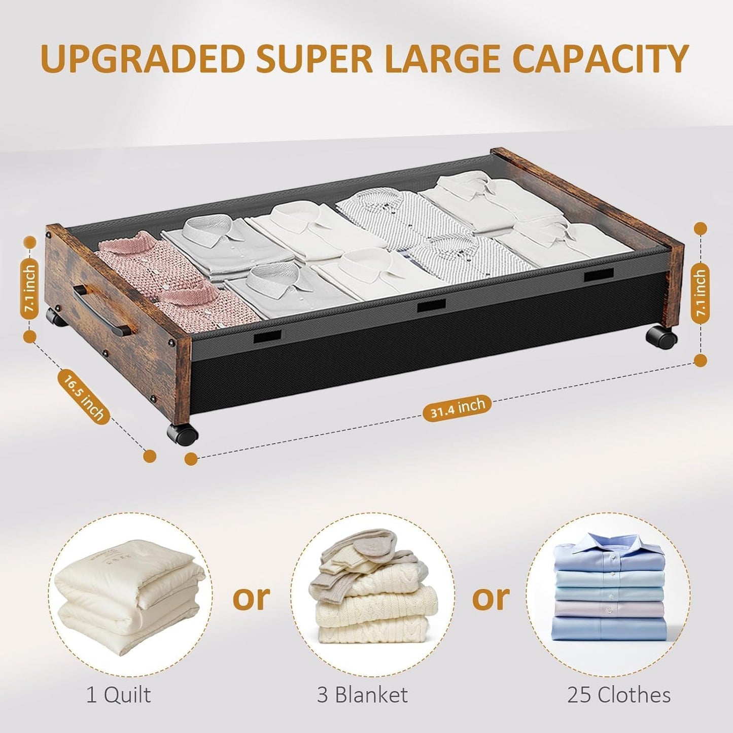 KITHELP Under Bed Storage with Wheels, Wooden Under Bed Drawers 2 Packs, Rolling Underbed Storage Containers Organizer with Handle Removable Lid, Heavy Duty Metal Frame for Clothes Shoe Books(Black)