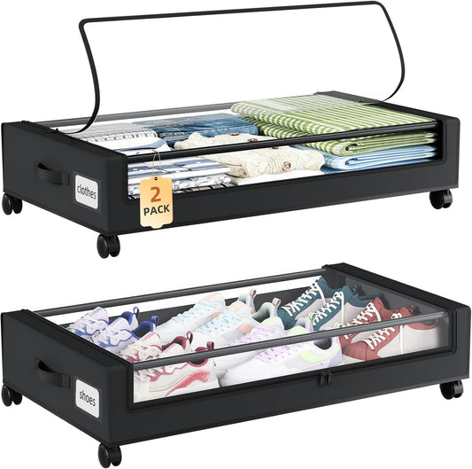 Somdot Under Bed Storage with Wheels, 2 Pack Bed Storage Containers with Dividers & Clear Lids,Easy Pull-out Metal Drawer for Clothes, Shoes,Toys, Blankets (Black)