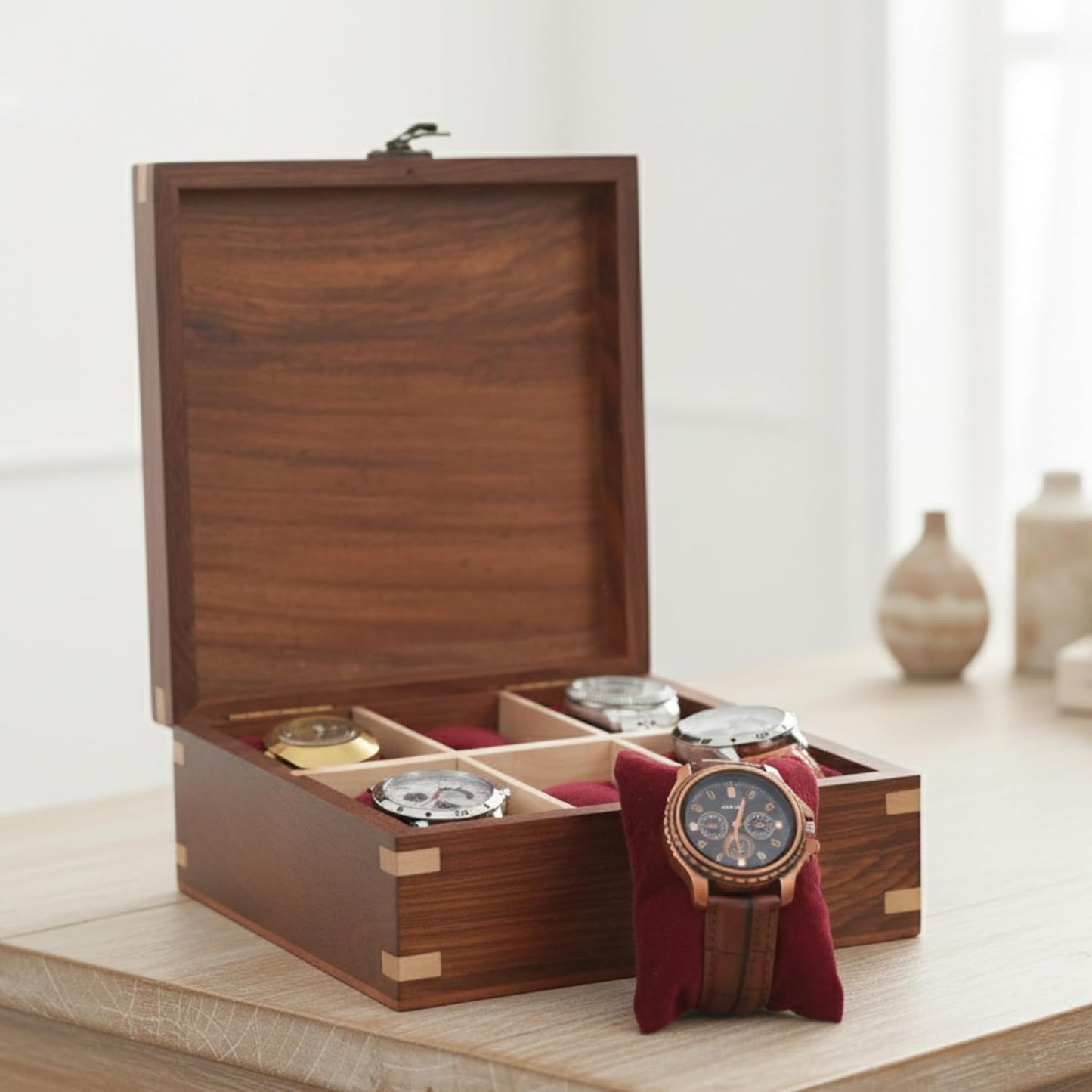 Wooden Watch Box for Men & Women, Watch Organizer & Display Case, Premium Long-Lasting Watch Holder for Storage, Elegant Gift for Watch Collectors (Wood Top, 6 Slots)