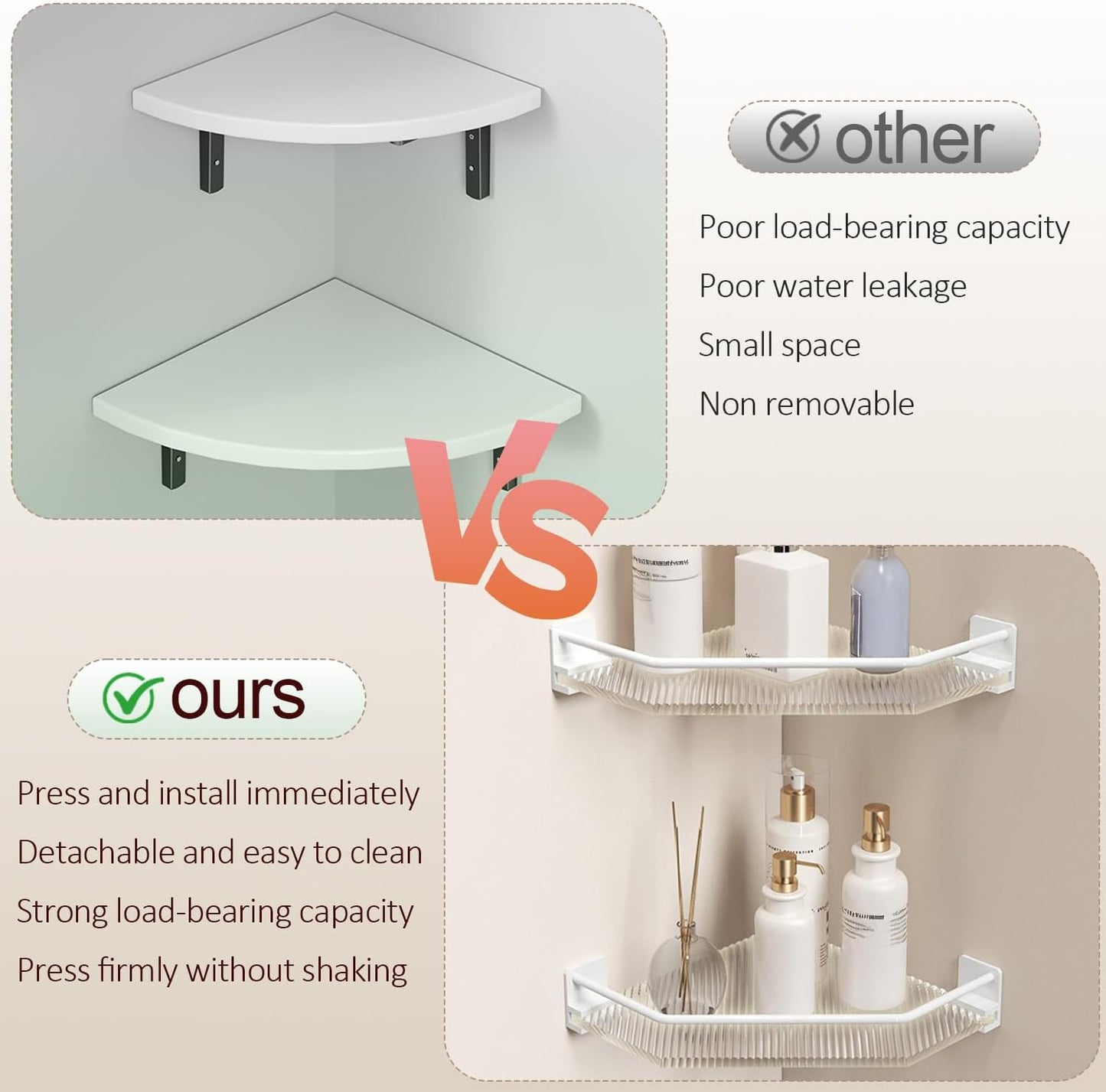 EVERZONE Shower Corner Caddy, 2 Pack 12" Brushed 304 Stainless Steel Organizer for Bathroom,Kitchen & Balcony, Floating Shower Wall Shelf Bath Basket Rack Heavy Duty 2 Pack (Gold,Acrylic)
