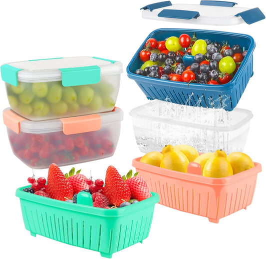 68oz Berry Keeper Fruit Storage Container for Fridge, Fresh Food Produce Saver Containers with Removable Drain Colanders, Vegetable Lettuce Keeper Bowl, Refrigerator Organizer, PRESS TO OPEN CLOSE LID