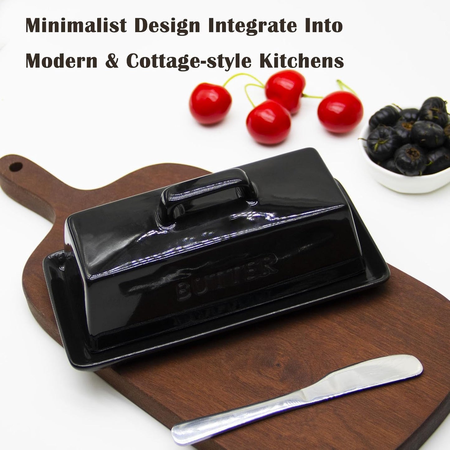 Ceramic Butter Dish With Lid for Countertop, Covered Butter Holder With Lid, Black Butter Container, Butter Tray With Handle