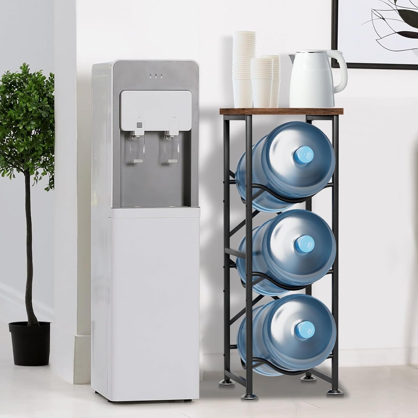 5 Gallon Water Jug Holder, 3-Tier Water Bottle Holder with Wood Top Shelf, Heavy Duty Water Cooler Jug Rack, Water Dispenser Storage Stand for Kitchen Office and Living Room