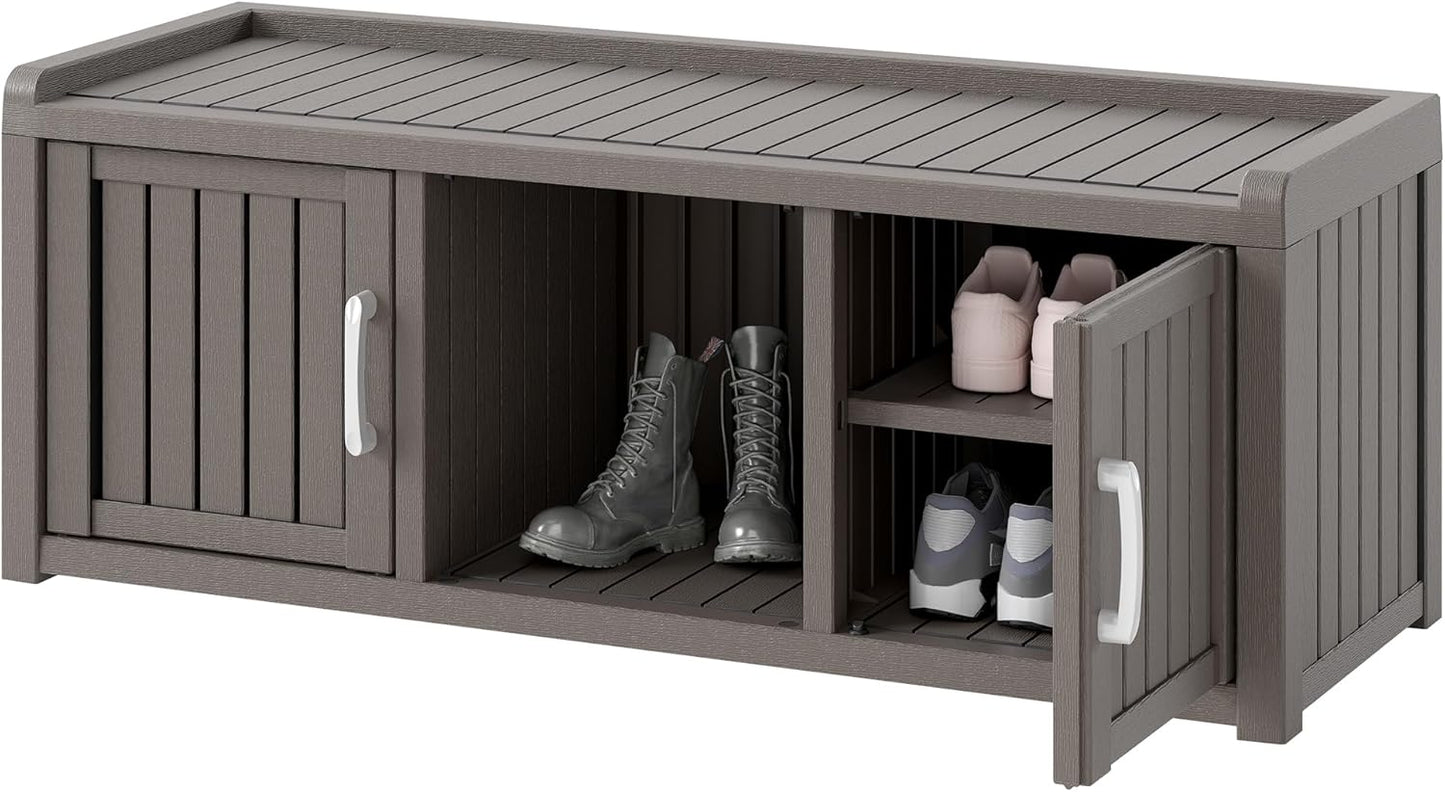 KAMABOKO Shoe Storage Cabinet Waterproof UV-Resistant, Entryway Storage Bench Indoor Outdoor with 2 Doors, Adjustable Shelves for Entryway, Bedroom, Hallway,Living Room(Grey)