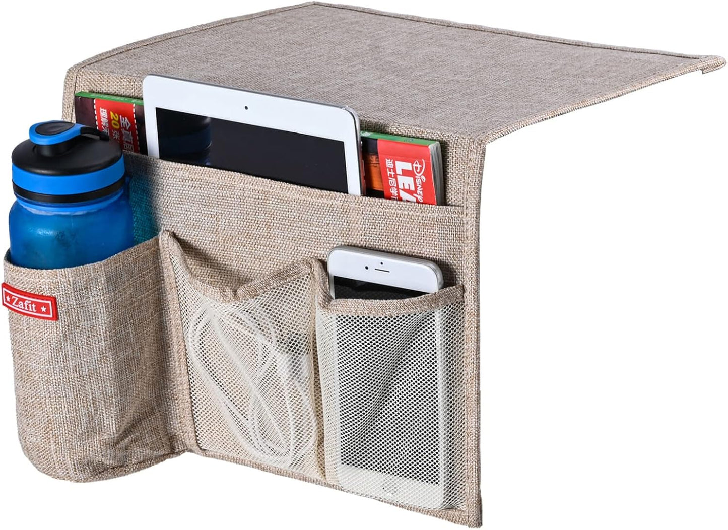 Linen 4 Pockets Bedside Caddy, Bedside Storage Organizer for Magazine, Remotes, Phone (Beige)