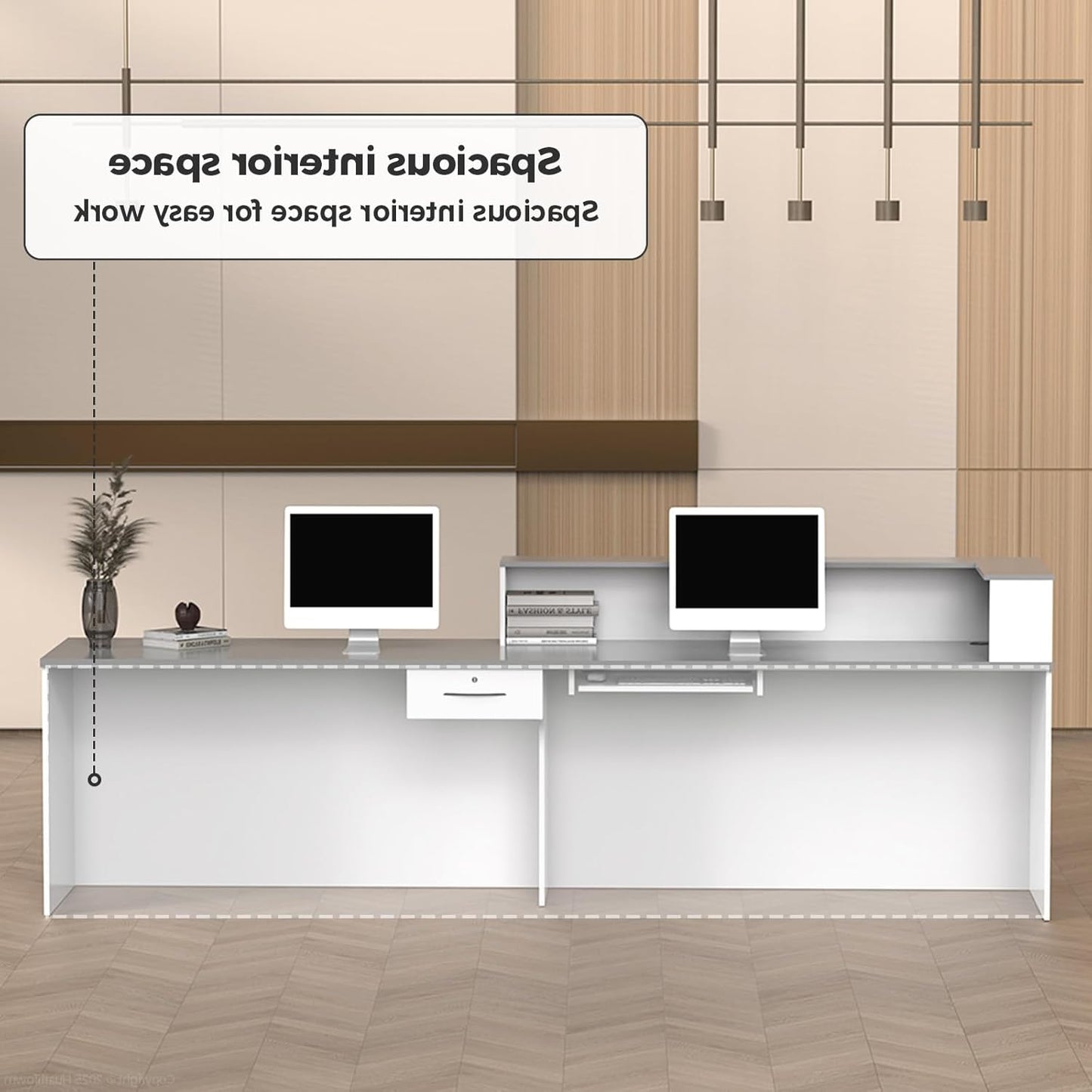 L Shape Reception Desk with Counter, Lockable Drawer, Keyboard Tray, and Double-Layer Storage for Salon, Office, or Clinic (White+Gray/Right, 71" L*24" W*39" H)