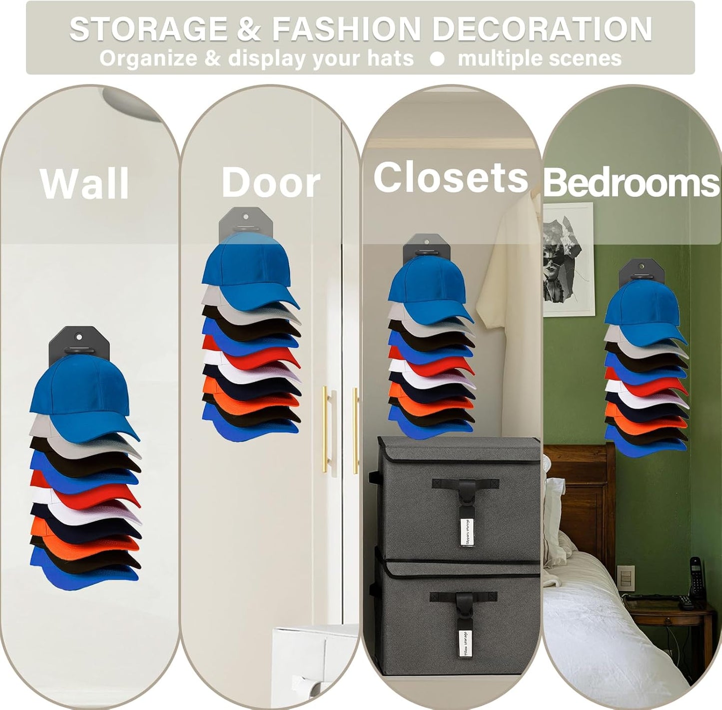 2 Pack Hat Organizer for Baseball Caps,Hat Rack for Wall, Compact Hat Storage Display Holder,Hold Up to 16 Hats,Hat Hanger Strong Adhesive/Wall Drilled for Door,Bedroom,Closet