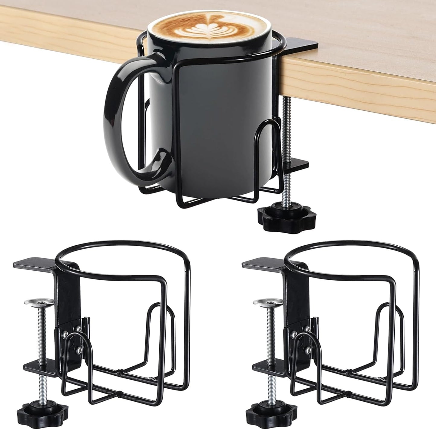 3 Pcs Desk Cup Holders, Easy to Install Anti-Spill Clamp-on Cup Holder Stainless Steel Cupholder for Chair, Table, Wheelchairs (Black, 3.15 in)