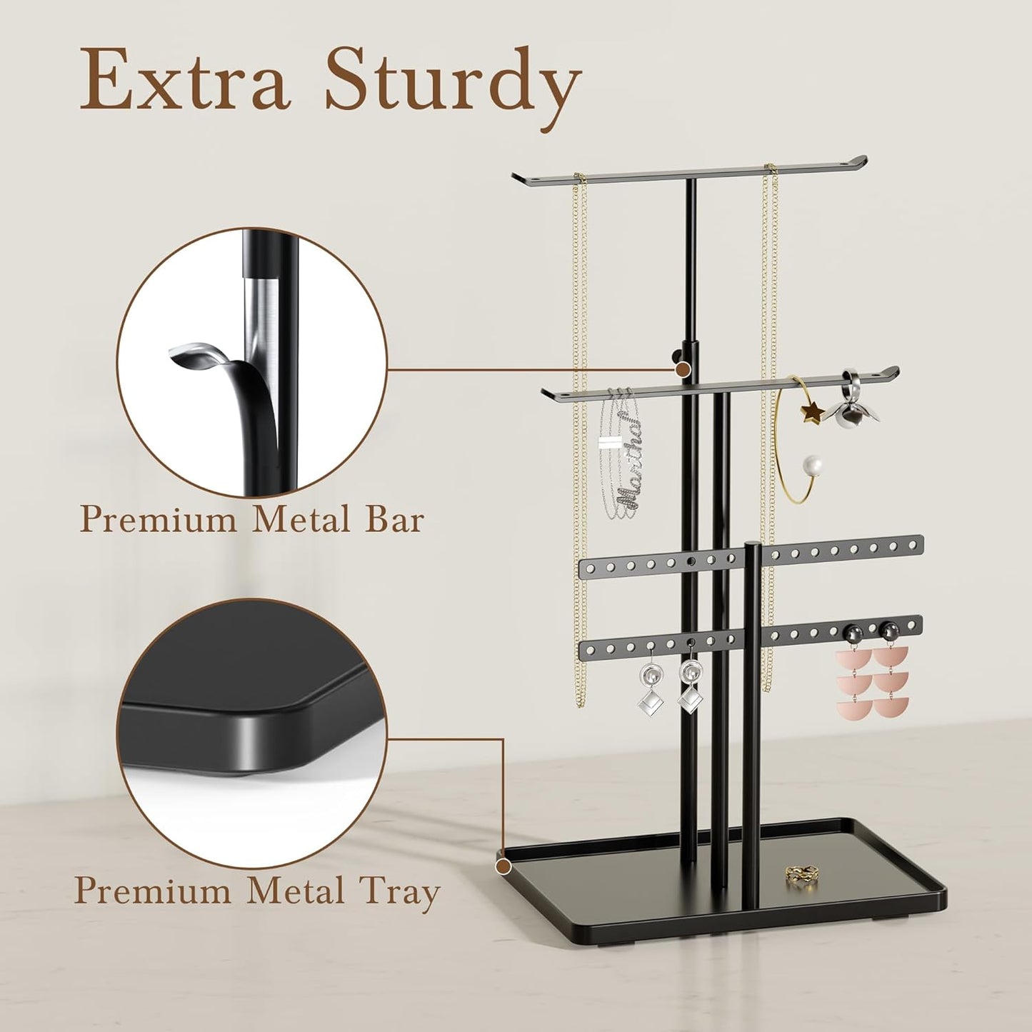 Jewelry Holder Organizer Stand - Adjustable Jewelry Tree 17.5" Height (Max), Jewlery Hanger for Necklaces, Bracelets, Earrings, Aesthetic for Storage and Display, Metal, Black