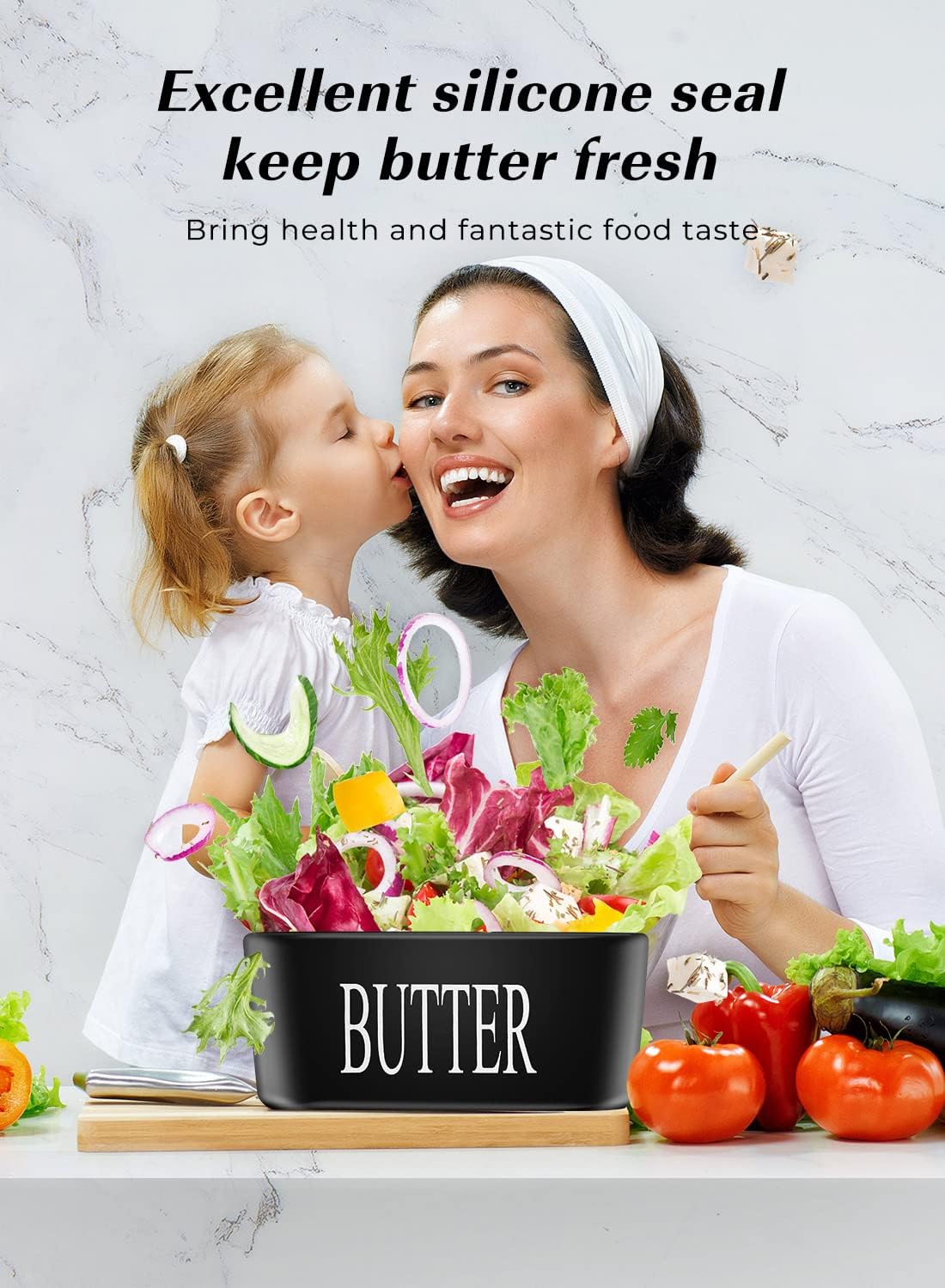 Butter Dish with Lid: Large Butter Container for Countertop - Ceramic Butter Holder for Counter - Butter Tray Butter Keeper with Knife and Sponge Scrubber - Perfect for 2 Sticks of Butter Black