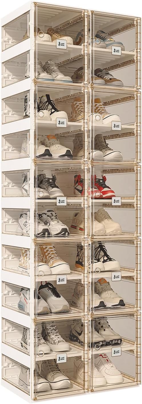 ANTBOX Foldable Shoe Rack,Shoe Organizers for Closet Plastic Shoe Storage Box for Entryway,Living Room,Large Sturdy Stackable Sneaker Cabinet Bins with Magnetic Clear Door 10 Tiers 20 Pairs