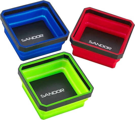 SANDOR Collapsible Magnetic Parts Tray Set - (Pack of 3) Tool Trays for Screw, Bolts, Nuts, Washers, Pins and Other Small Metal Parts - 4.25 Inch Square - Red, Blue, and Green