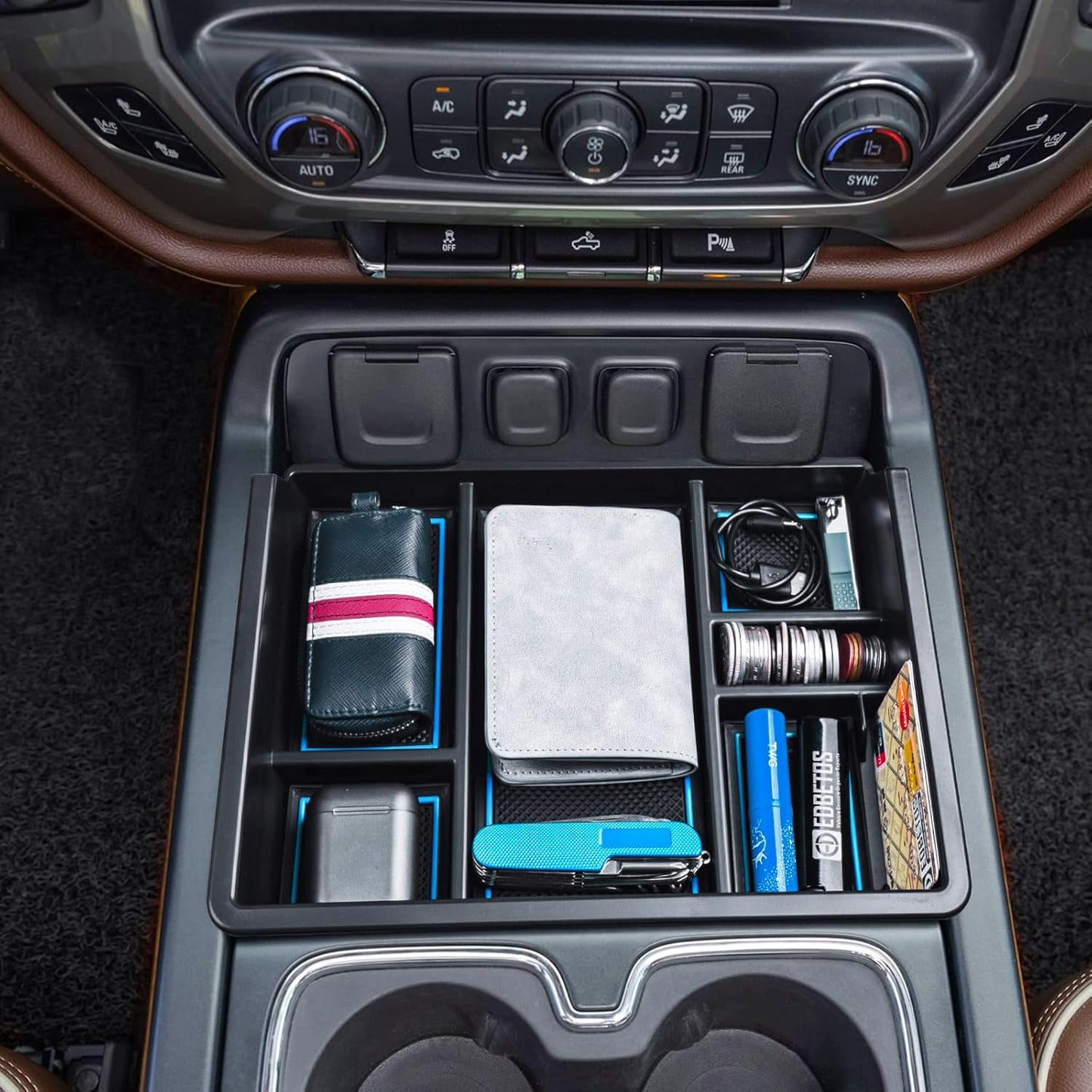 Center Console Organizer Tray Compatible with Chevy Silverado/GMC Sierra 1500/2500/3500HD 2014-2018,15-19 Silverado/Sierra 2500HD/3500HD Accessories Compartment,Full Console w/Bucket Seats ONLY,Blue