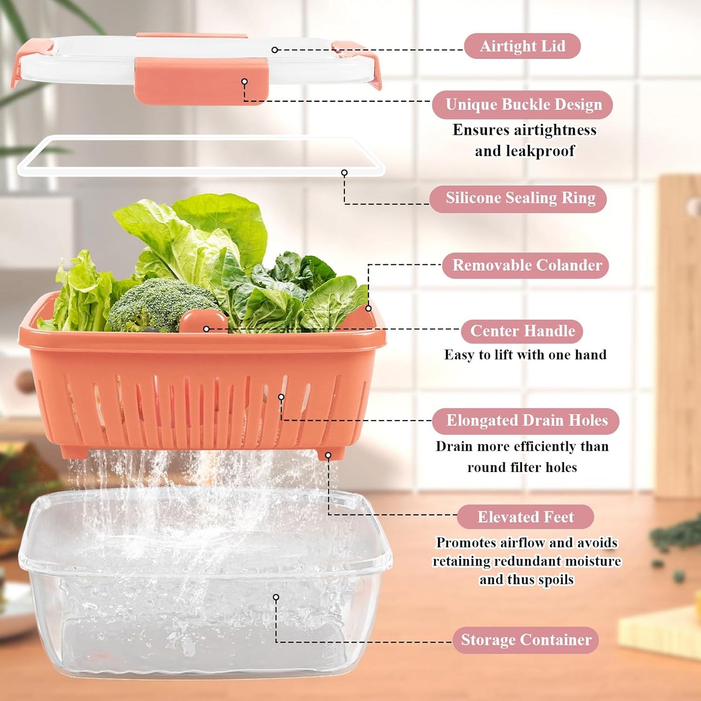 68oz Berry Keeper Fruit Storage Container for Fridge, Fresh Food Produce Saver Containers with Removable Drain Colanders, Vegetable Lettuce Keeper Bowl, Refrigerator Organizer, PRESS TO OPEN CLOSE LID