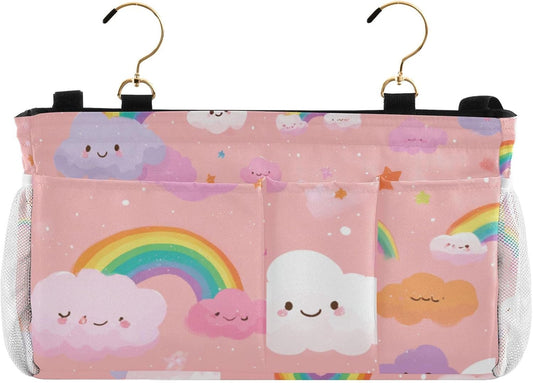 Multicolored Stars Rainbows Bedside Caddy for Dorm Bed Bedside Hanging Caddy Bag Iron Frame Storage Organizer Pocket for Bunk Home College Hospital Beds 2 Hooks