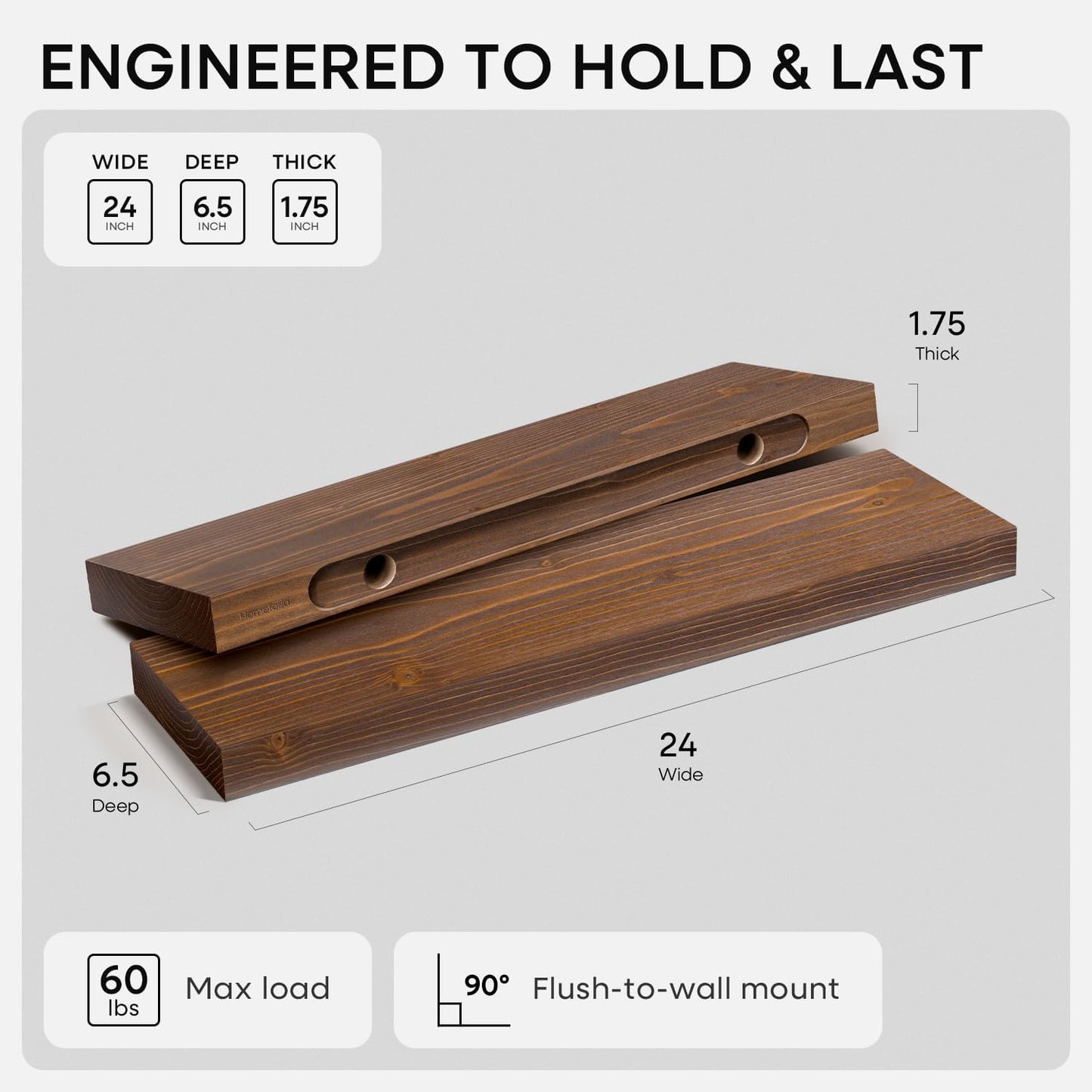 Homeforia Classic Walnut 24 inch Floating Shelf, High End Solid Real Wood Small 24inch Floating Shelves for Wall Mounted, 24in Floating Shelves, Heavy Duty Bracket, 24 X 6.5 X 1.75 inches, Set of 4