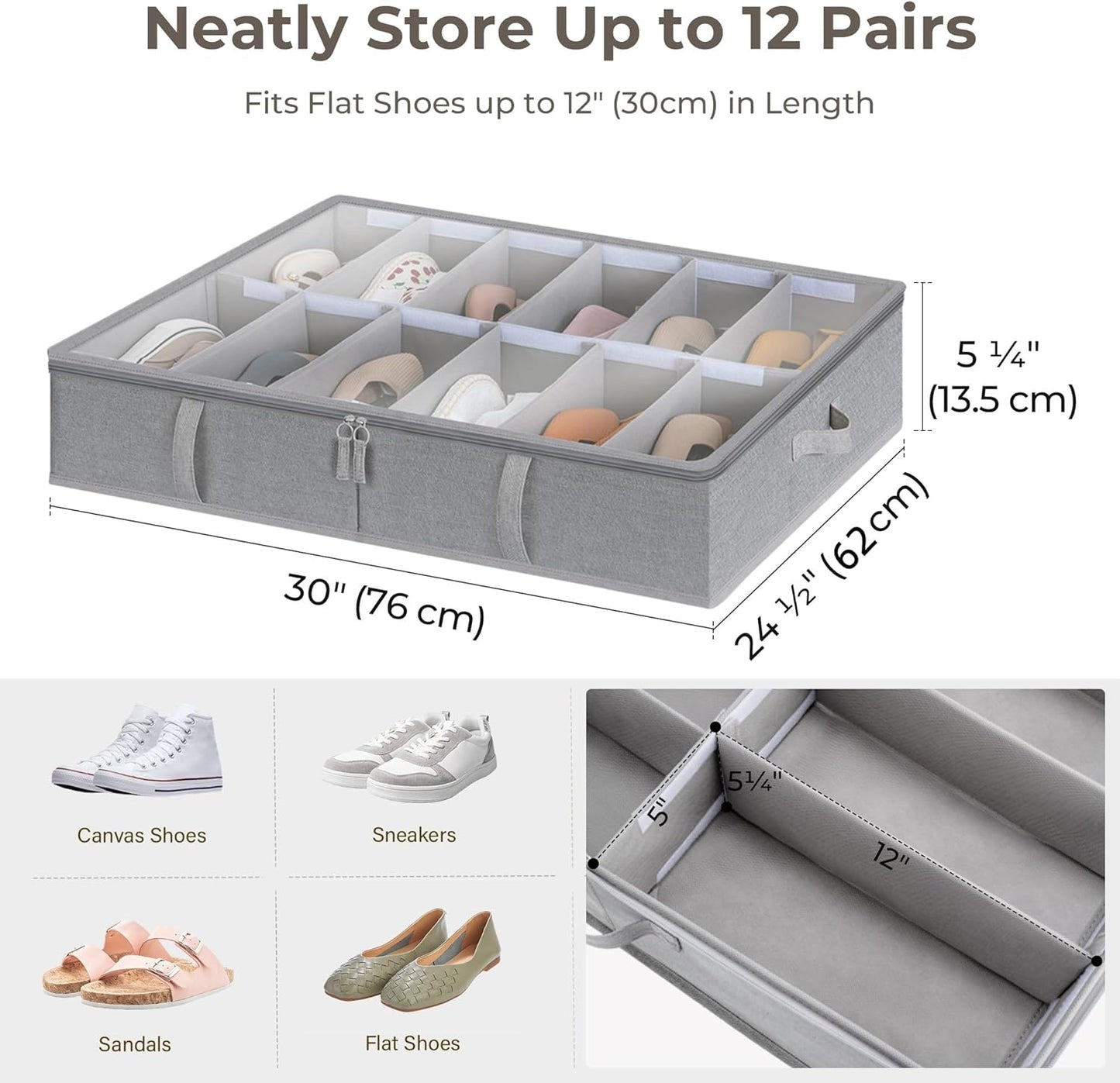 StorageWorks Shoe Organizer for Closet, Fits up to 24 Pairs, 2-Pack Ultra-thick Fabric Under Bed Shoe Storage Containers with Bottom Support and Adjustable Dividers, Grey