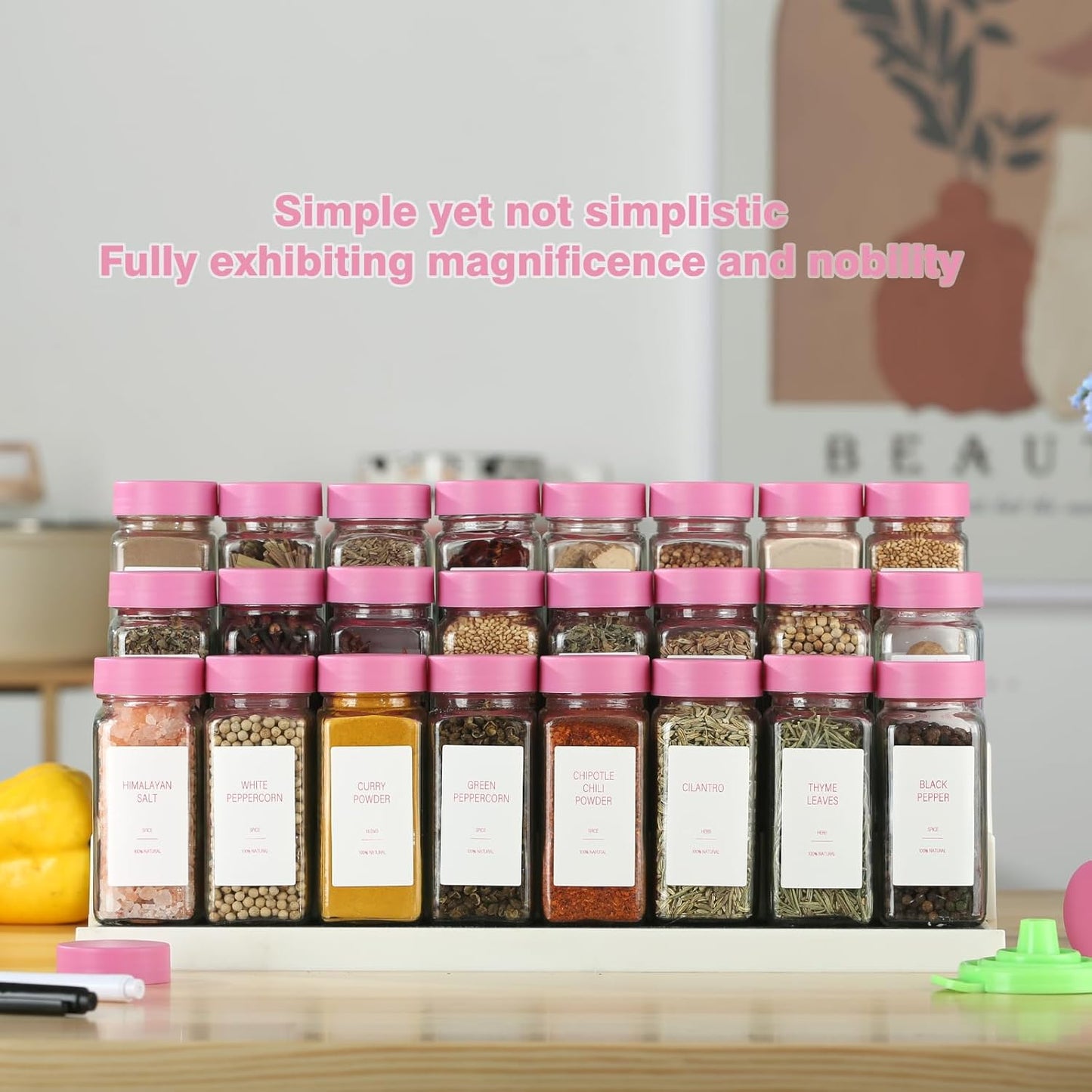 Pink Spice Jars with Label，4oz Seasoning Containers, Glass Spice Bottles with Shaker Lids,Funnel, Chalk Pen (Pink, 48)