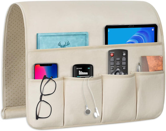 Remote Control Holder for Armchair，Couch Caddy Organizer TV Remote Holder for Bed Storage 5 Pockets，Remote Caddy Bedside Organizer Bedside Table Organizer (Beige, 35''x18'')