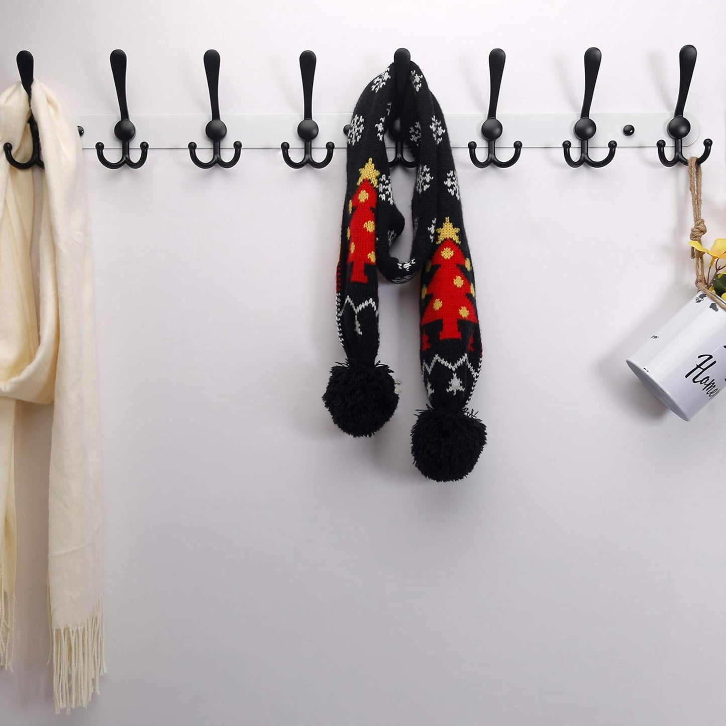 Dseap Coat Rack Wall Mount - 29.5” Long 8-Tri-Hooks Heavy Duty Coat Hanger Rail Wall Hooks for Hanging Coats Hats Clothing Clothes Purse Mudroom Entryway, White & Black