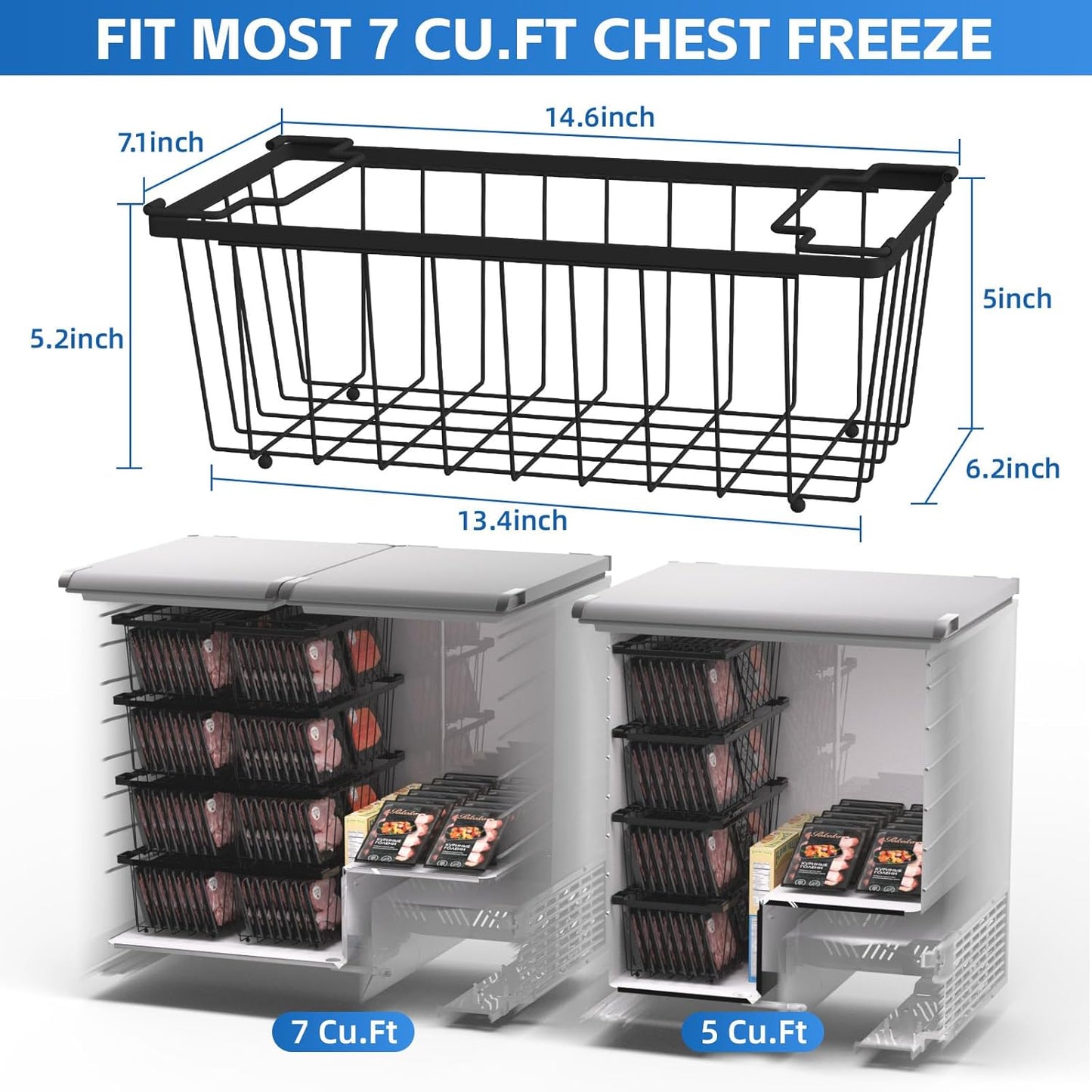 4 Pack Freezer Organizer Bins(14.6‘’L X 7.1‘’W X 5.2‘’H) Suitable for 5-7 Cu.Ft Chest Freezer Sort Frozen Meats | Stackablet Chest Freezer Organizer Bins Get Food Easily w/Handle, Gifts Ideas for Mom