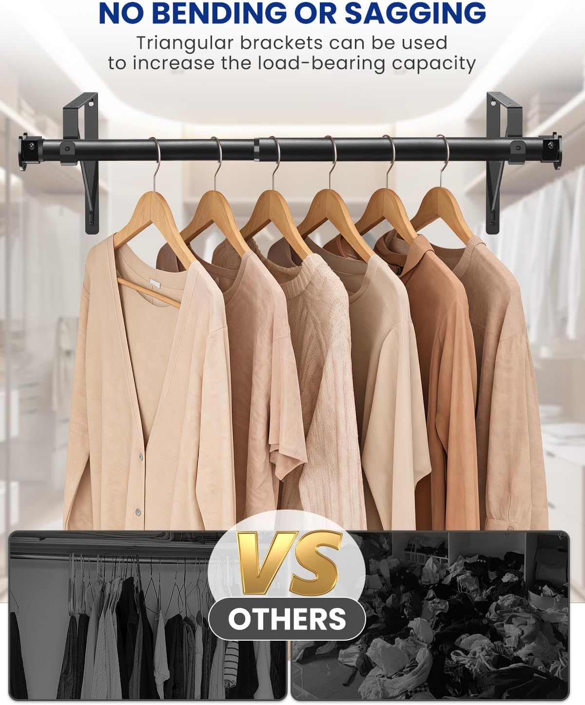 Closet Rods for Hanging Clothes with Triangular Brackets, 17 to 54 Inches Stepless Adjustable Closet Rod, 1.3 Inch Heavy Duty Closet Rod for Closet Wardrobe Laundry RV (Without Board/Black)
