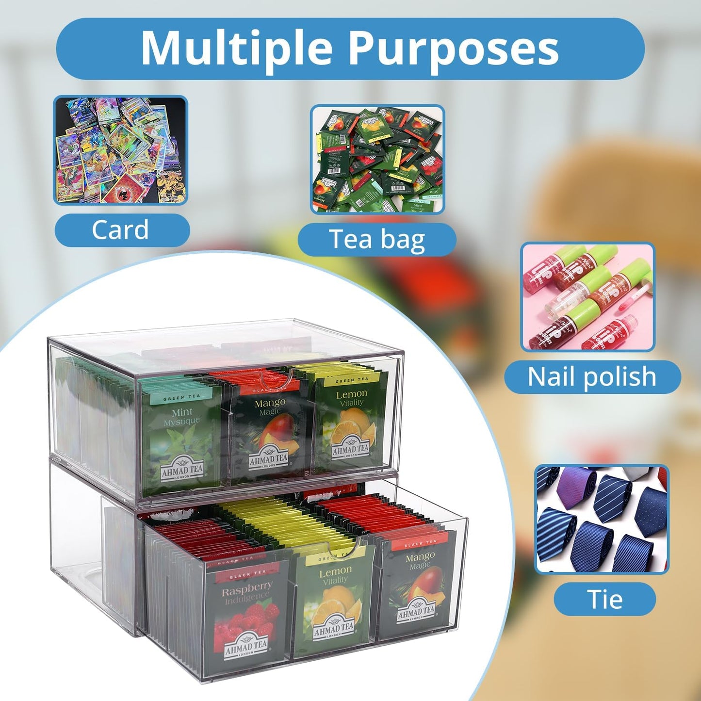 2 Large Acrylic Tea Bag Organizer, 9 Grids Tea Organizers and Storage with Acrylic Drawers Stackable, Teabag Holder Organizer for Counter Countertop Kitchen Cabinet