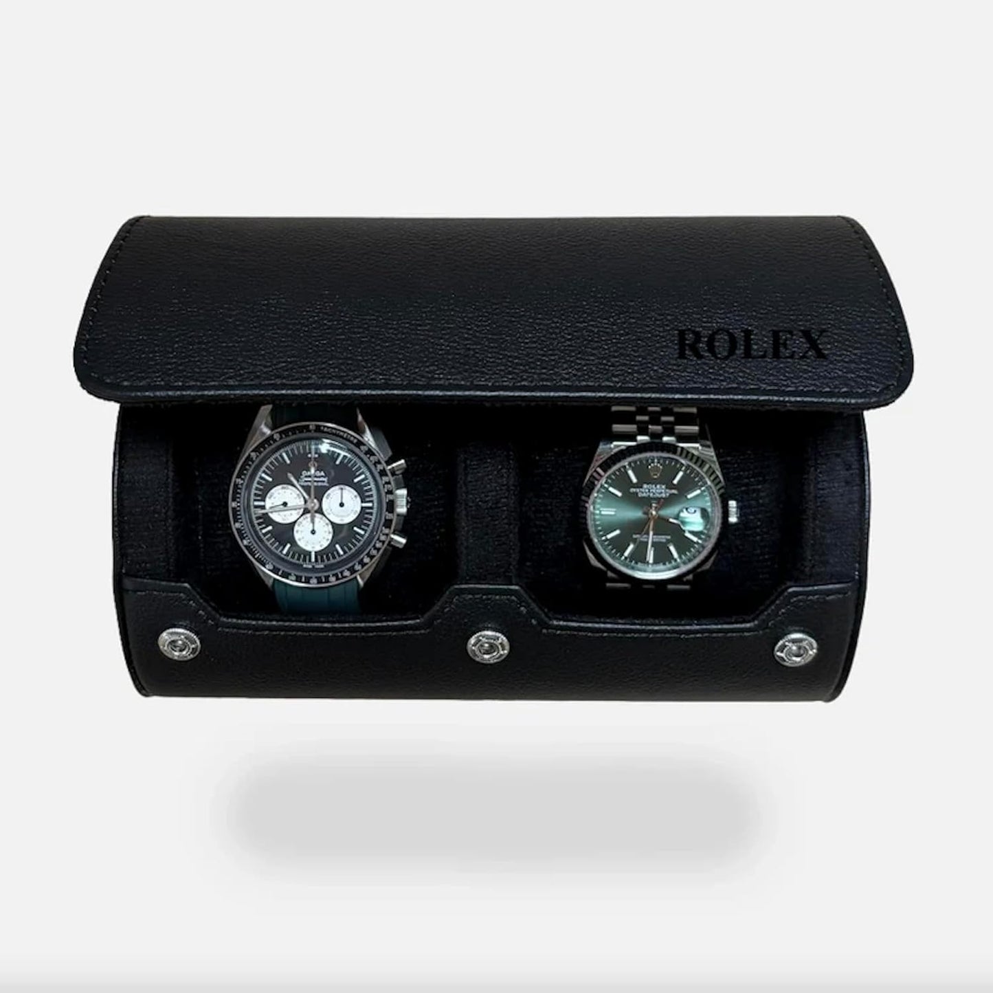 DailyWatch | Personalized Watch Roll Travel Case For 2 Watches - Handmade Genuine Leather Travel Case With Custom Engraving of Name or Initials - All Black