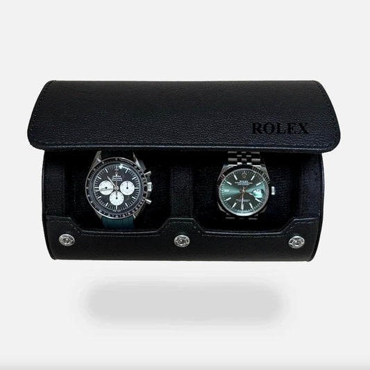 DailyWatch | Personalized Watch Roll Travel Case For 2 Watches - Handmade Genuine Leather Travel Case With Custom Engraving of Name or Initials - All Black