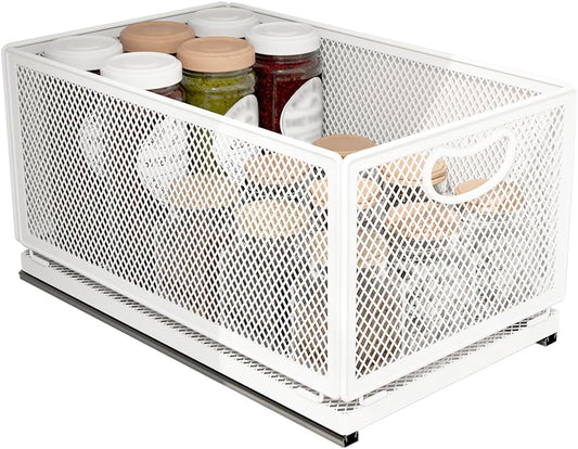 Sliding Cabinet Basket Organizer Drawer Self Adhesive Slide out Pantry Shelves Heavy Duty Carbon Steel Slide Cabinet Storage Basket with Handle for Bathroom Kitchen Home