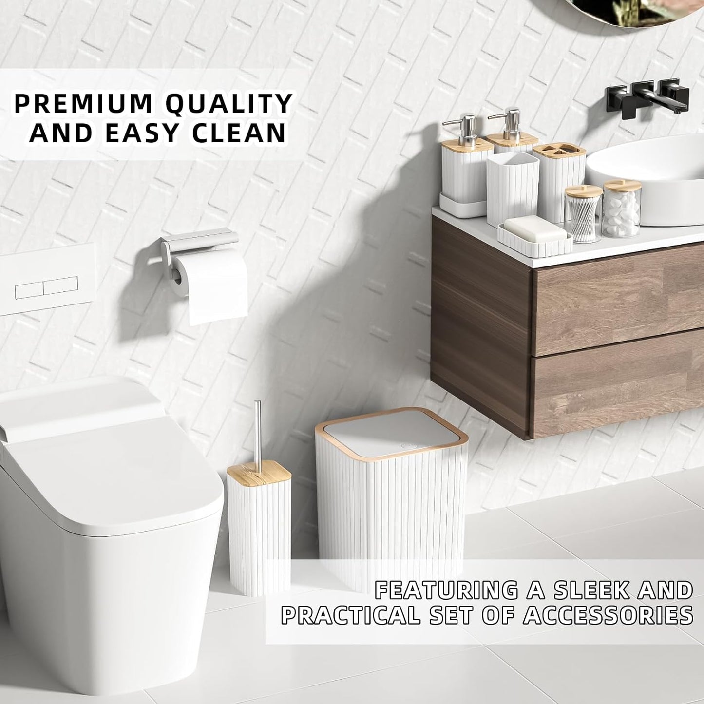Bathroom Accessories Set - Elegant White Bathroom Set, 10PC Bathroom Accessory Set, Toilet Brush, Trash Can, Qtip Holder Dispenser & Soap Dispenser