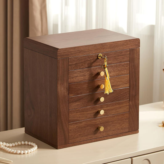 Black Walnut Wooden Jewelry Box, Wood Jewelry Organizer with 2 Side Doors Mirror Lockable Classical Style for Watch Necklace Ring Earring Storage Christmas Gifts-6 Layer