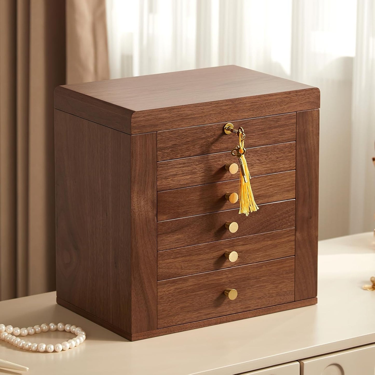 CHOSIN Black Walnut Wooden Jewelry Box, 6-Layer Lockable Wood Jewelry Organizer with Mirror, Side Doors & Brass Handle, Classical Design for Rings, Necklaces, Earrings, Watches, Christmas Gift Idea