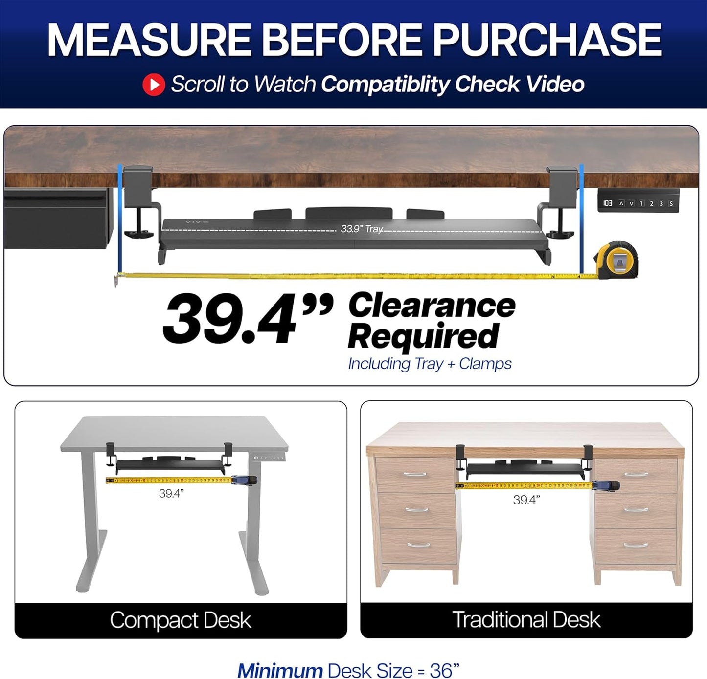 VIVO Extra Long Clamp-on Computer Keyboard and Mouse Under Desk Slider Tray, 34 x 11 inch Pull Out Platform Drawer, Rustic Vintage Brown, MOUNT-KB15EN