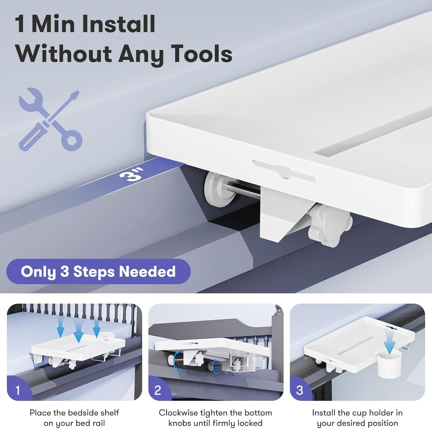 Bedside Shelf for Top Bunk Bed, Bedroom Dorm Room Essential Nightstand for College Student, White Bunk Bed Tray Table with 50LBS Capacity, BedShelf with Cup Holder (Material & Clamping Screw Updated)