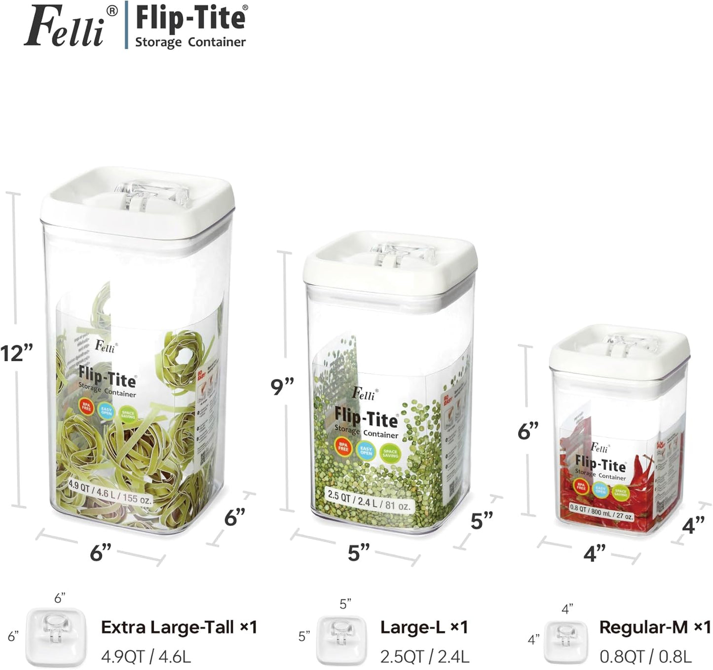 Felli Flip Tite Acrylic Food Storage Container with Lid 6” XL Air Tight Ring Seal Flip Top, Plastic Kitchen Baking Canister for 5 lb Flour Sugar Rice Protein Powder Pantry Organizer (Nest-L, White)