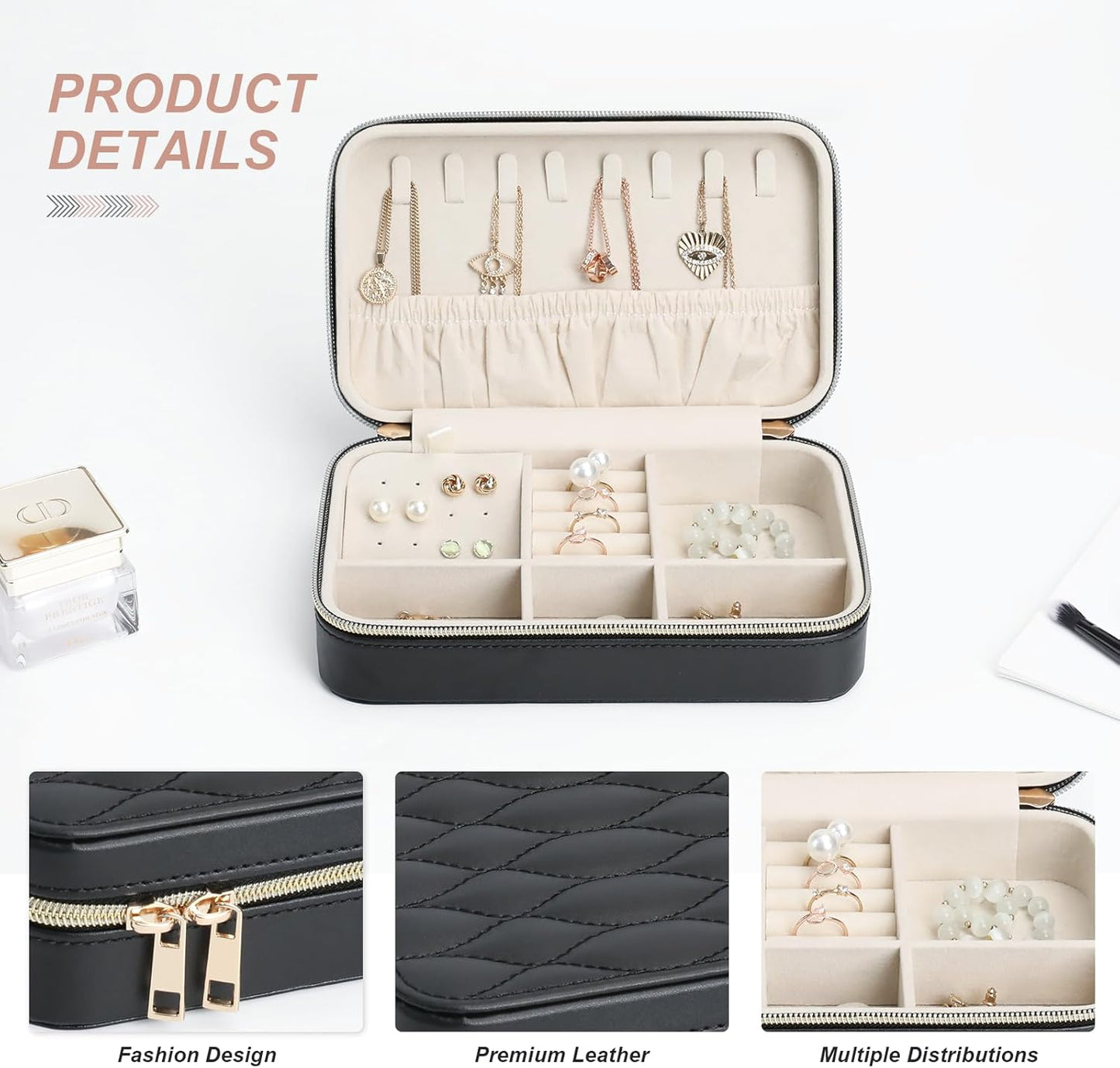 Portable Jewelry Organizer for Travel Compact Leather Jewelry Box with 8 Hooks, Earring Holder & Zippered Pouch, Ideal Gift for Women Black