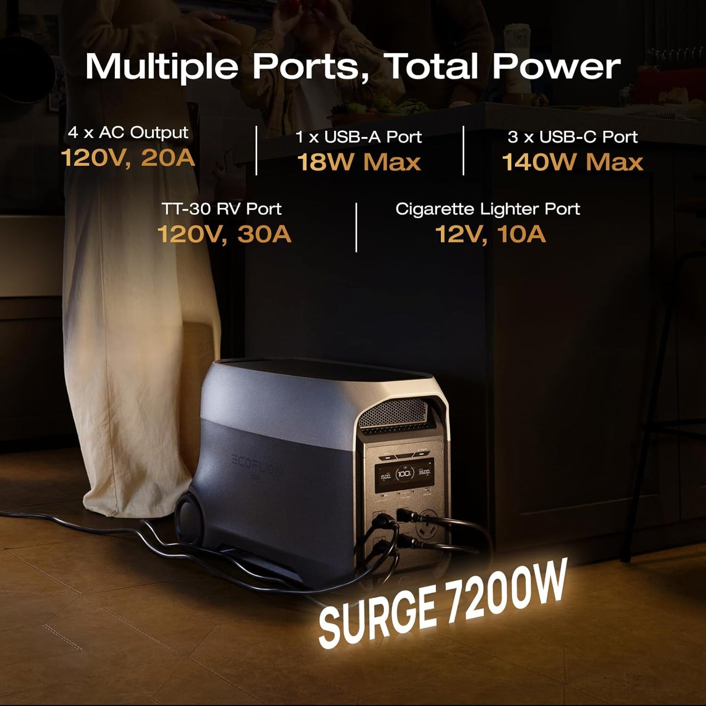 EF ECOFLOW DELTA 3 Ultra Portable Power Station with AC Cable, 3600W (Surge 7200W) Output Home Power, 3072Wh LiFePO4 Battery, Solar Generator for Home Use, Camping Accessories & RV Backup