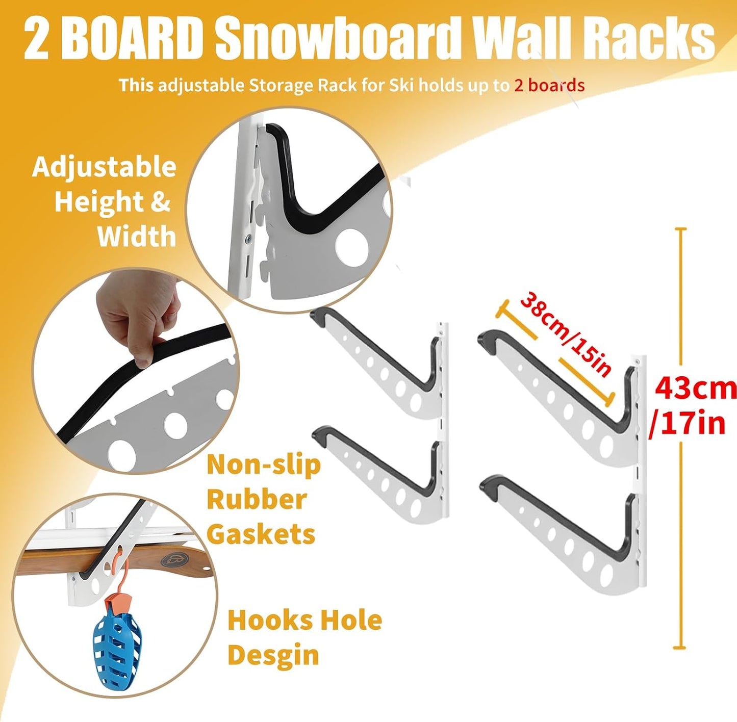 Snowboard Wall Racks, Adjustable Storage Rack for Ski, Surfboard, Wakeboard, Snowboard Wall Mount Display, White/Black