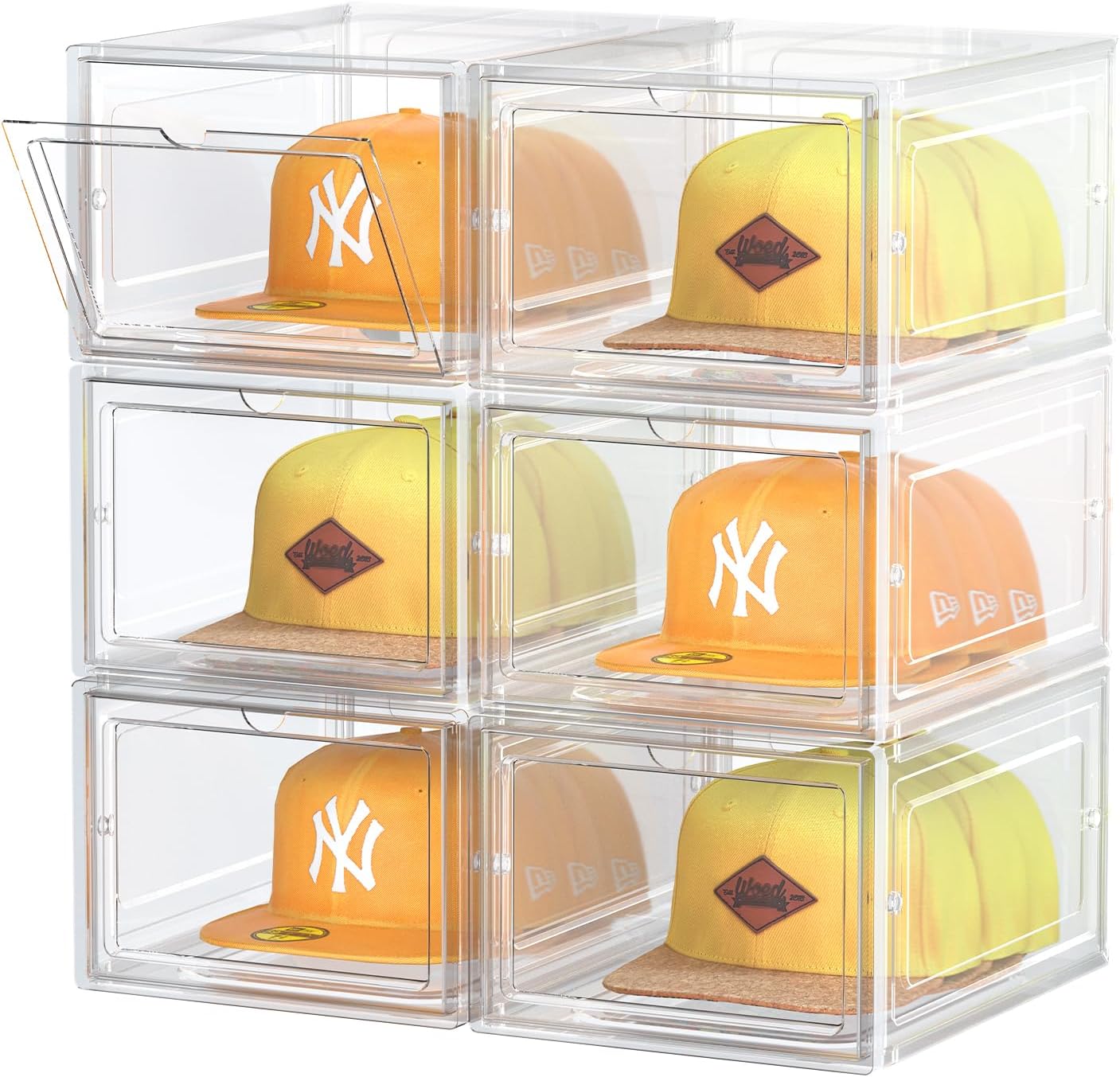 Hat Organizer Box, Stackable Clear Baseball Caps Holder Box Containers with Magnetic Door for Hats Snapback Cap Storag, Hat Rack Display Case, Holds 8 Hats Each (Clear, 6 Pack)