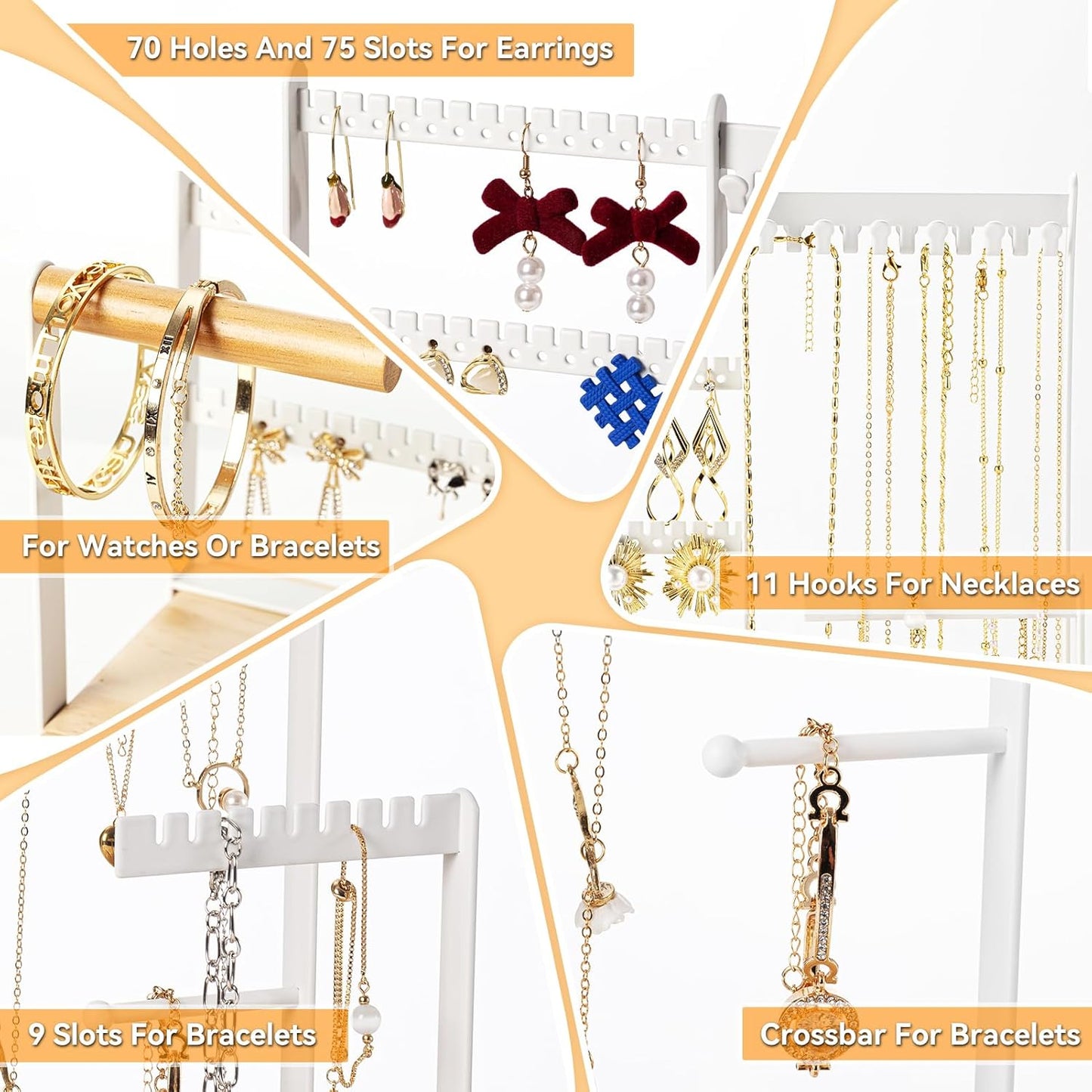 DreamGenius Jewelry Organizer Stand with 2 Velvet Ring Holder Drawers, 5 Tier Jewelry Holder Organizer with 11 Hooks for Necklaces and 145 Holes for Earrings, White