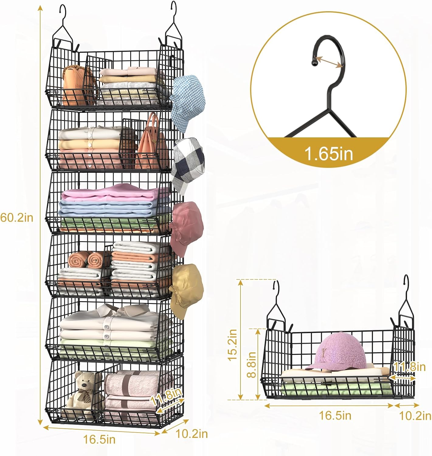 6 Tier Extra Large Hanging Storage Organizer,Hanging Closet Shelves with Dividers,Closet Organizer Wire Shelf with 5 S Hooks,Bedroom,Laundry Storag-Black